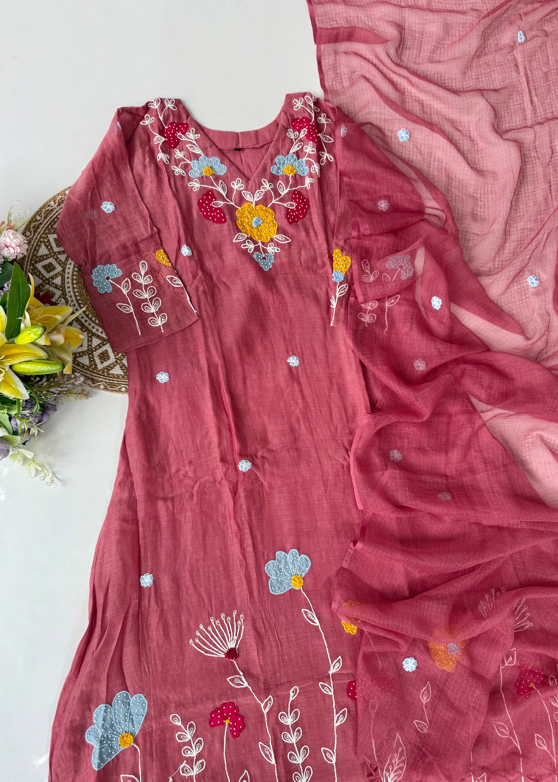 “Neesha” Mul Chanderi Applique work A Line kurta Set