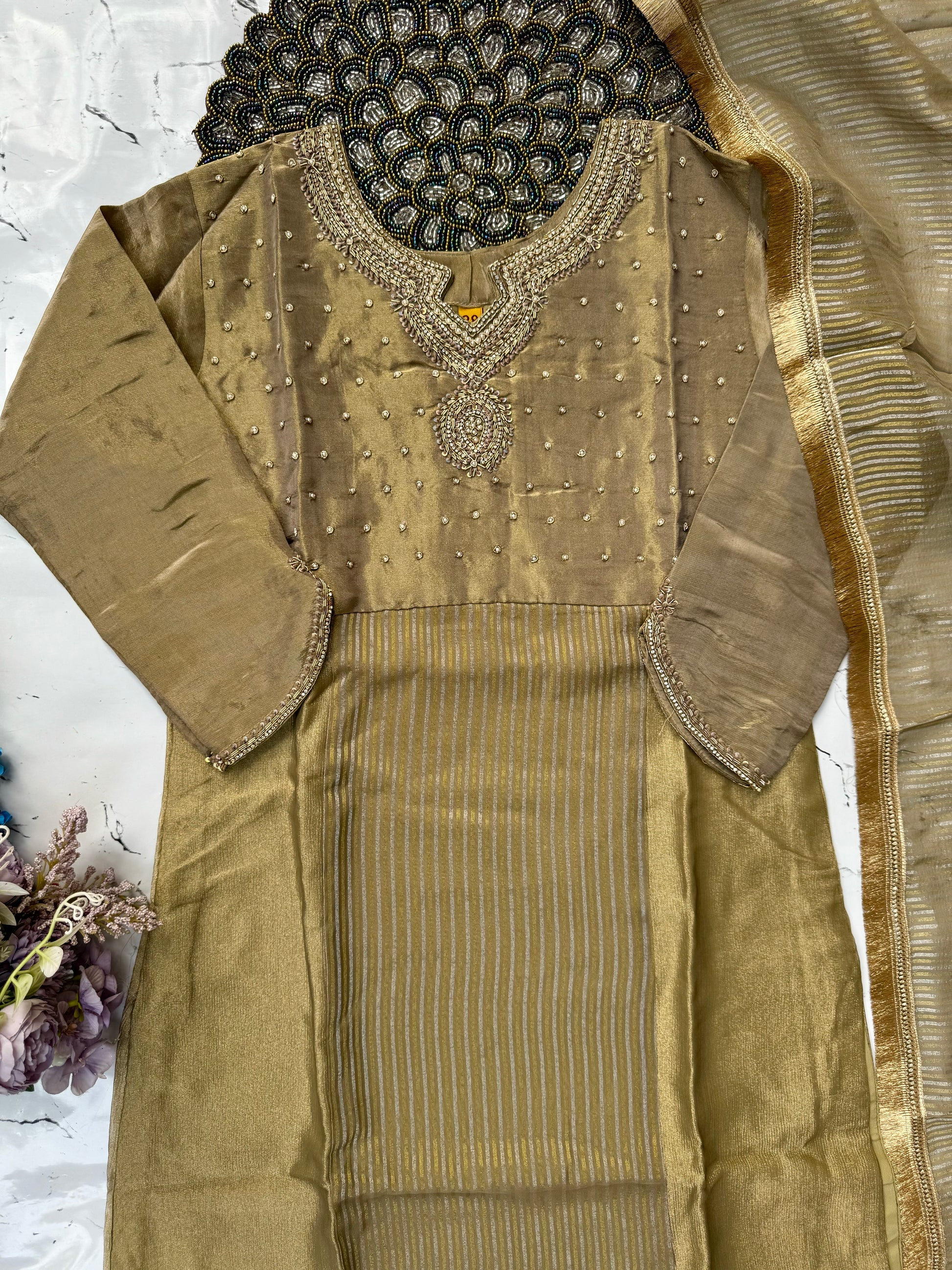 “Trisha” Tissue silk kurti palazzo with dupatta set 💚