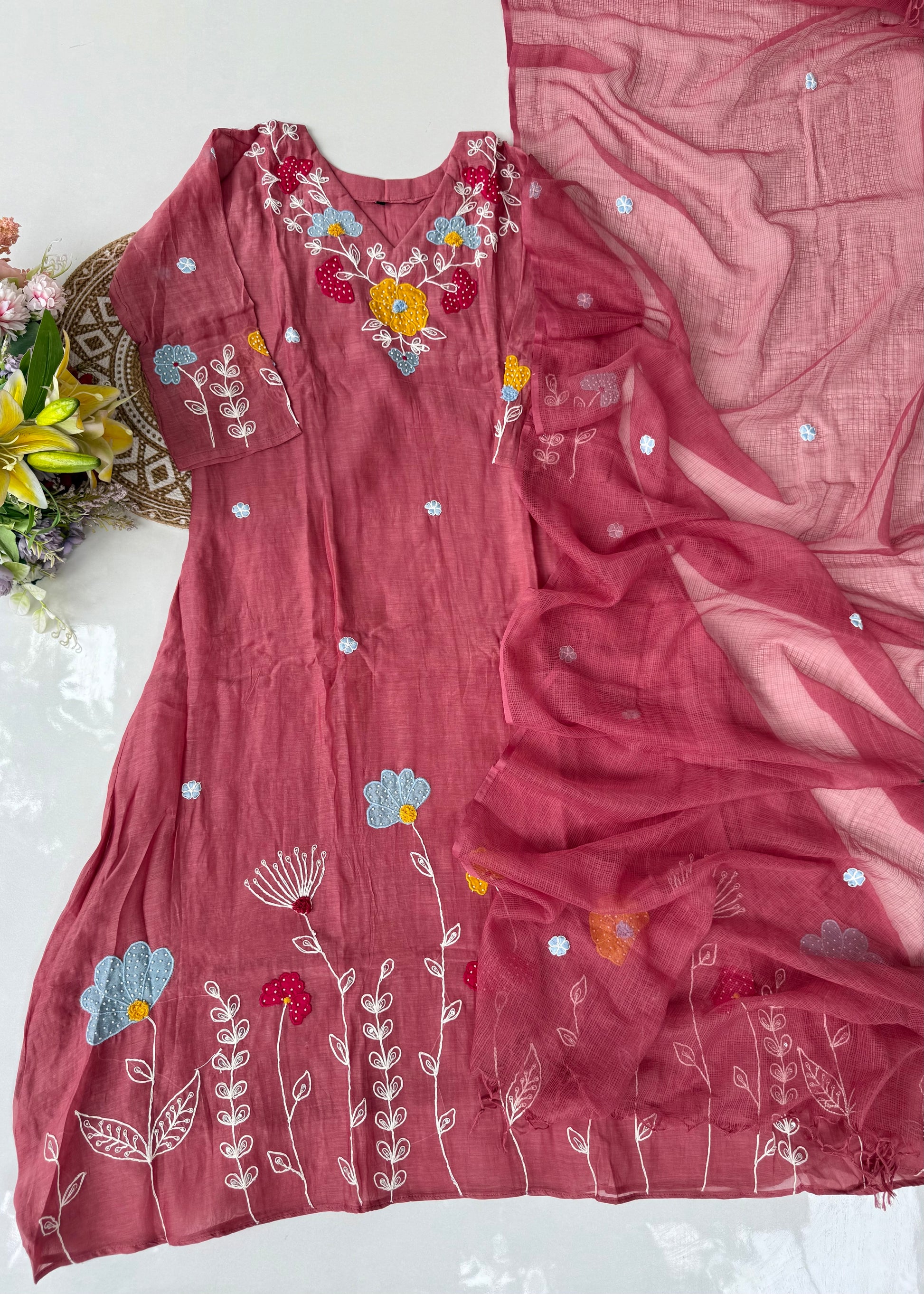 “Neesha” Mul Chanderi Applique work A Line kurta Set