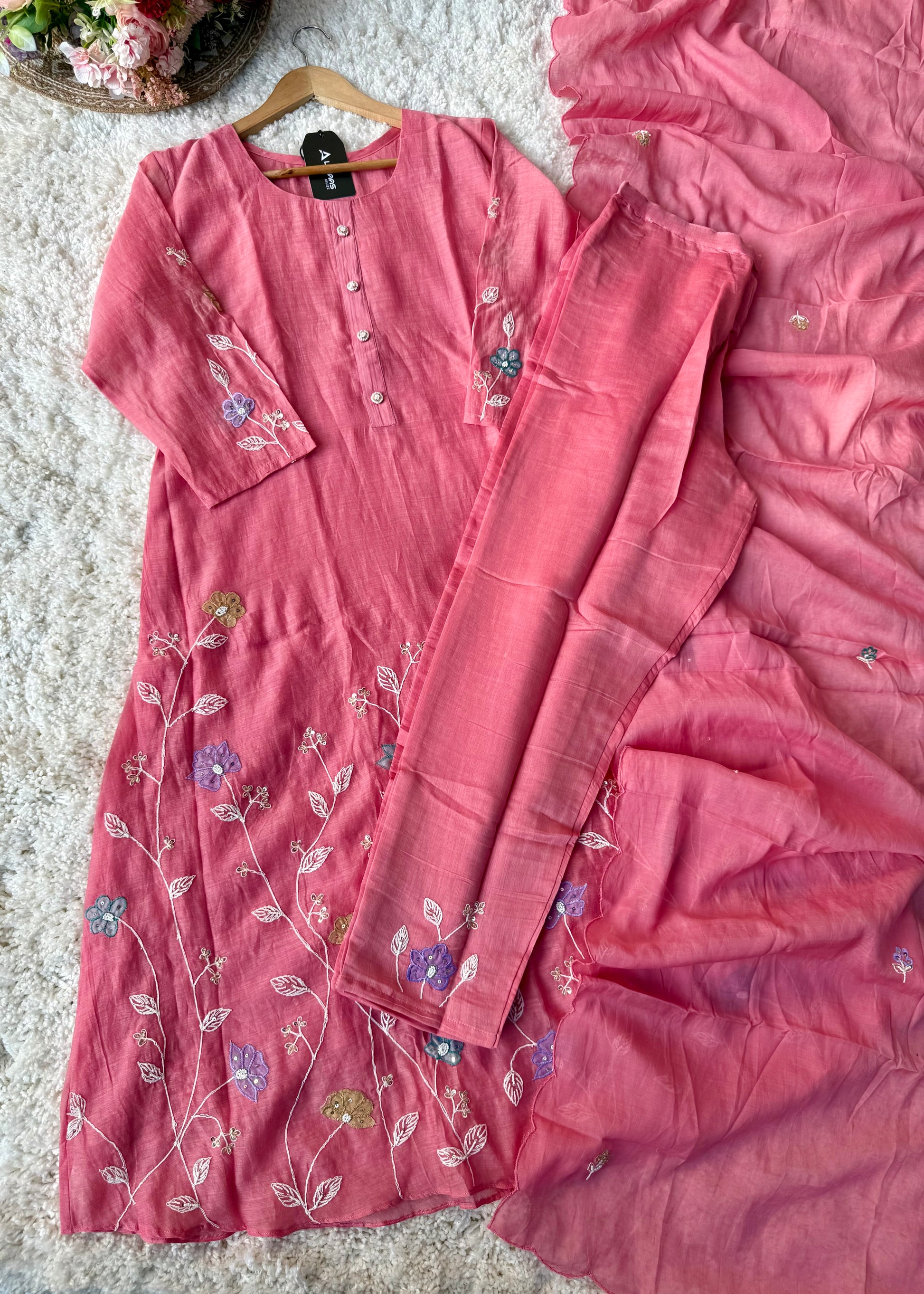 “Thread” Premium Bloom Pink Mul Chanderi A Line kurta set