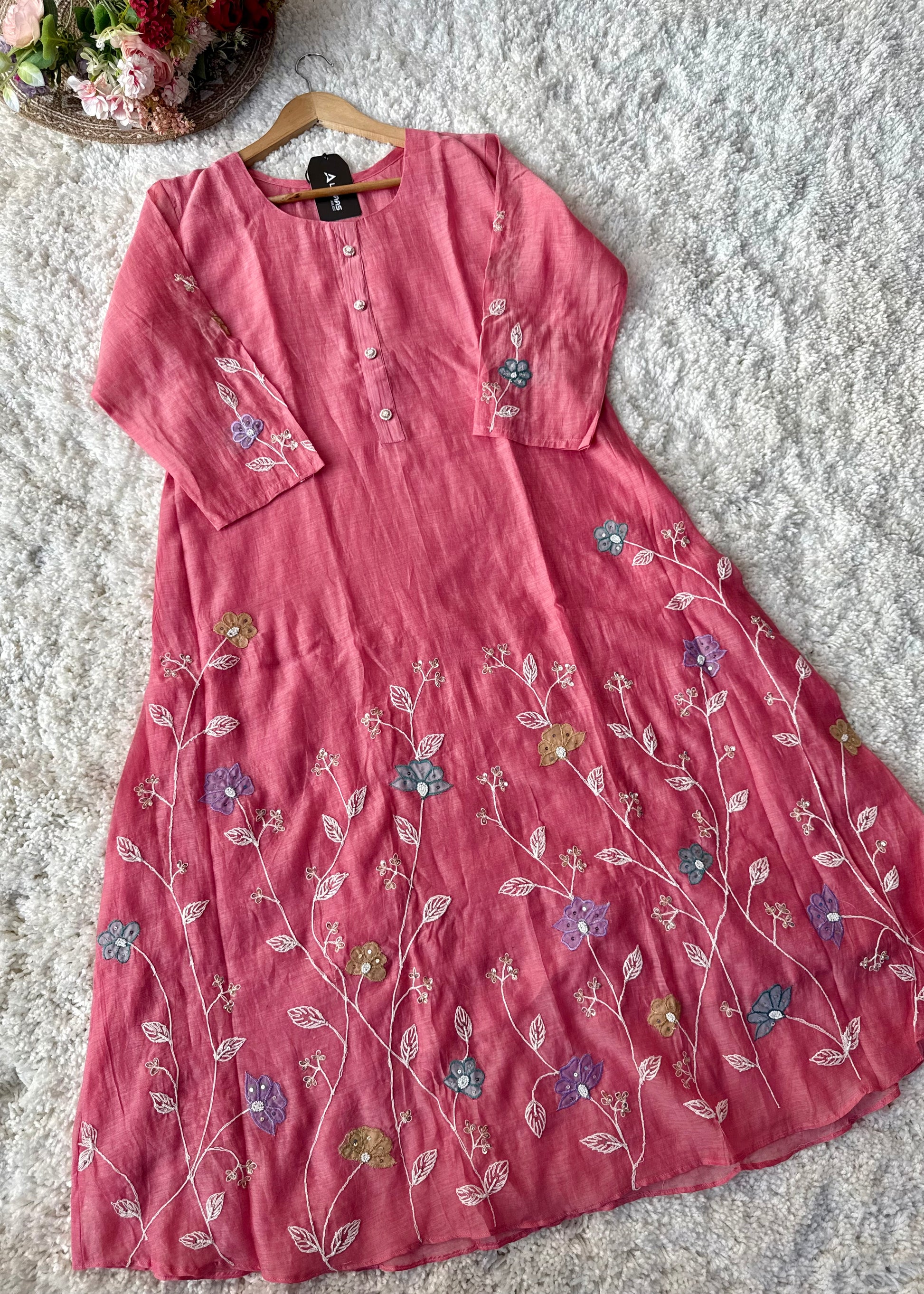 “Thread” Premium Bloom Pink Mul Chanderi A Line kurta set