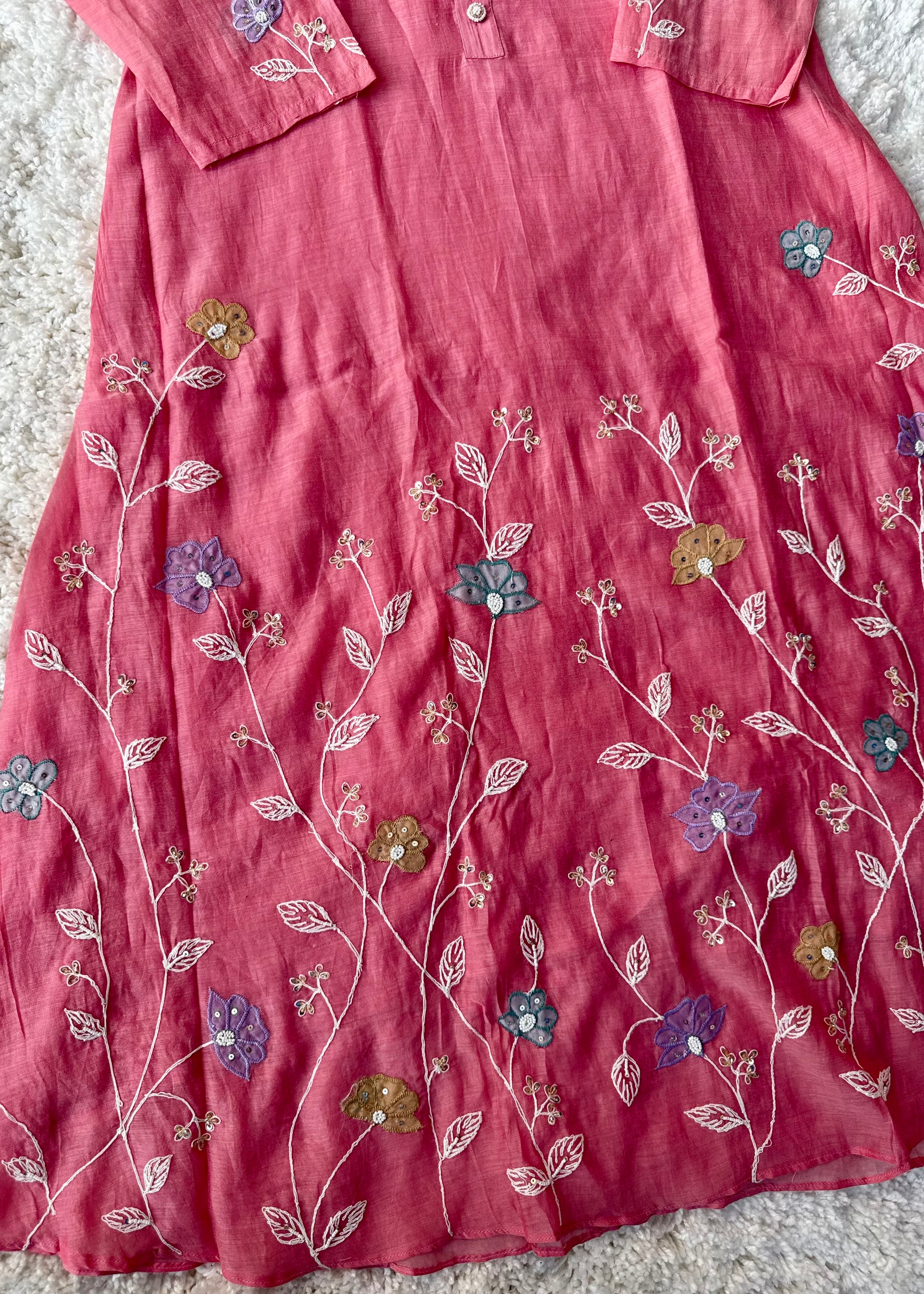 “Thread” Premium Bloom Pink Mul Chanderi A Line kurta set