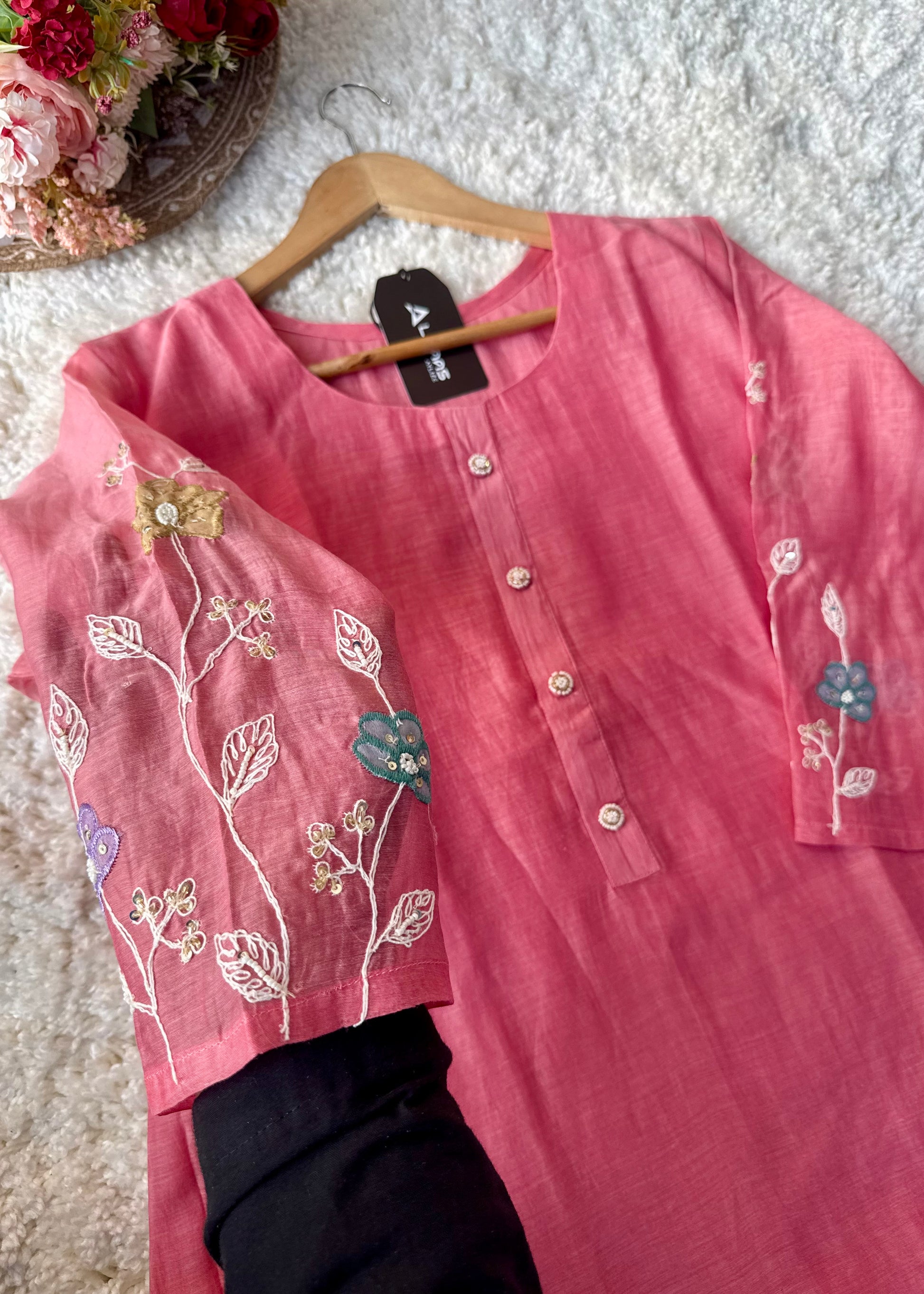 “Thread” Premium Bloom Pink Mul Chanderi A Line kurta set