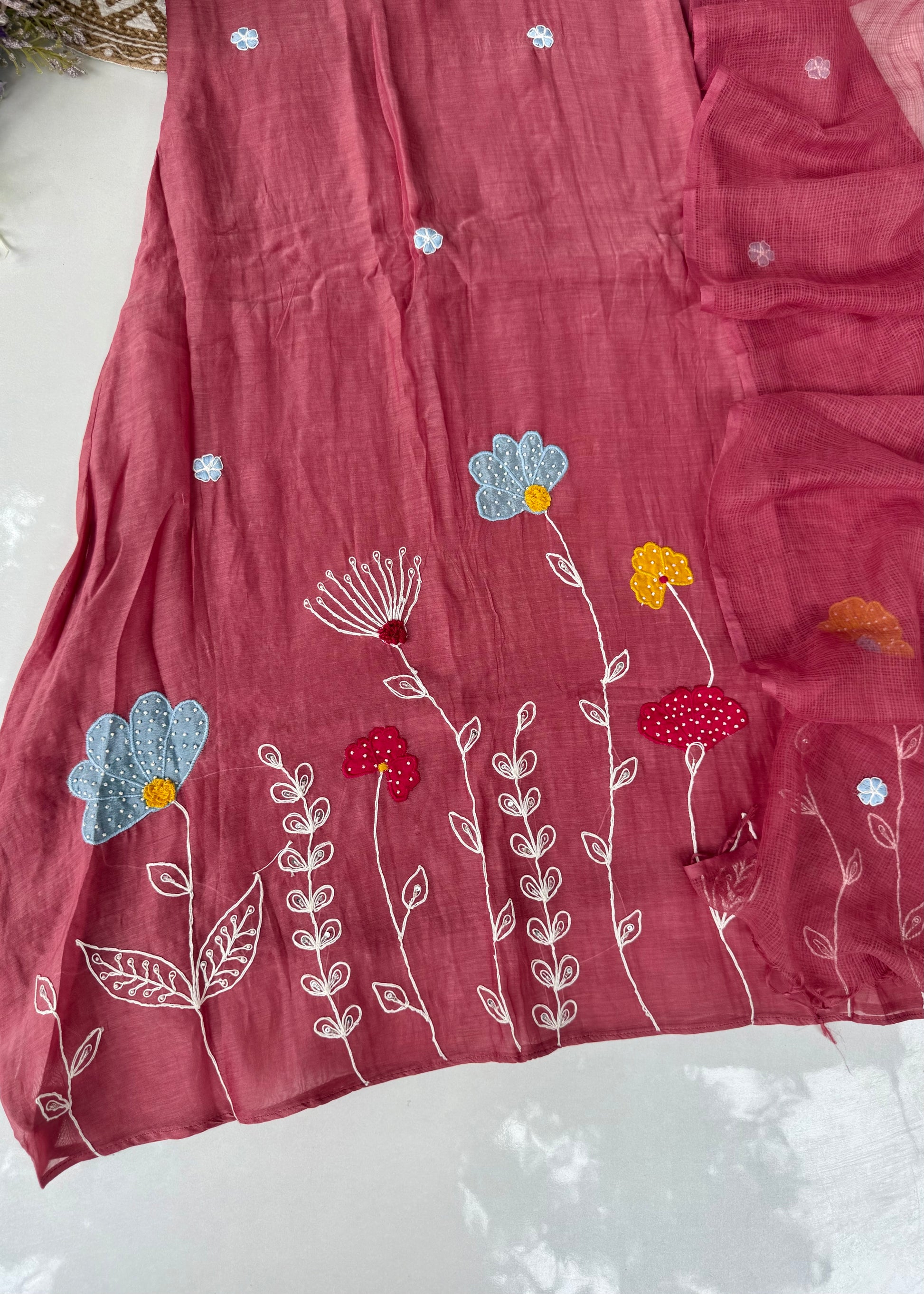 “Neesha” Mul Chanderi Applique work A Line kurta Set