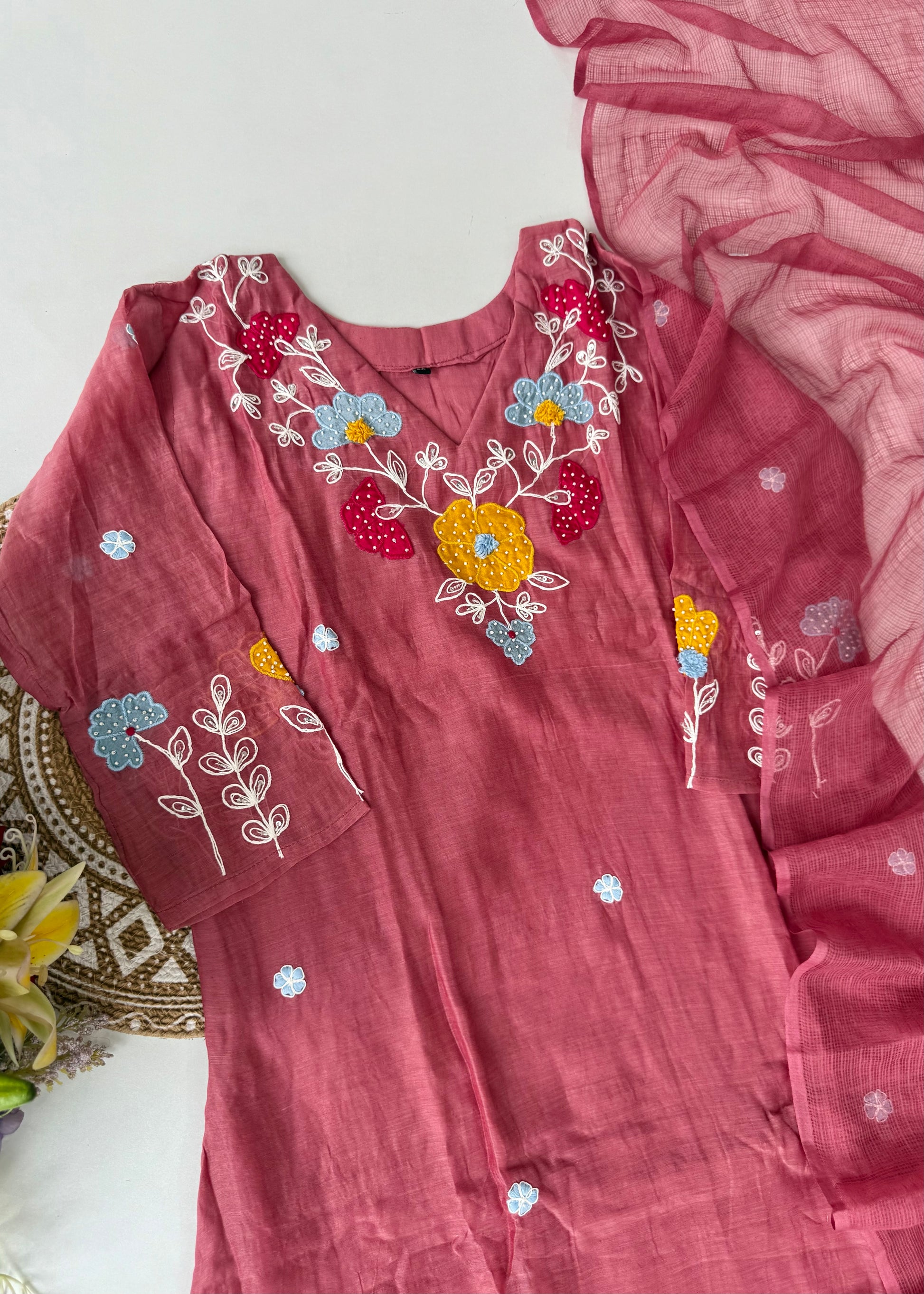 “Neesha” Mul Chanderi Applique work A Line kurta Set