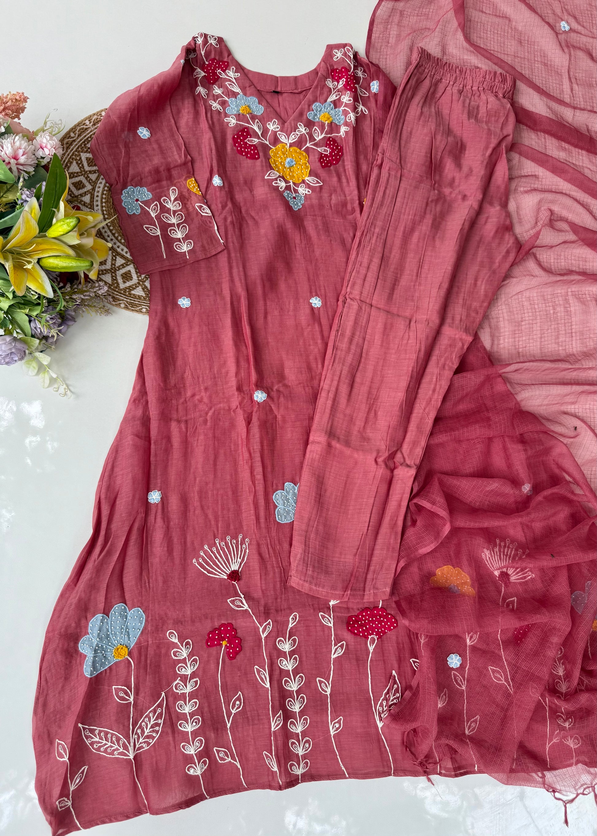 “Neesha” Mul Chanderi Applique work A Line kurta Set