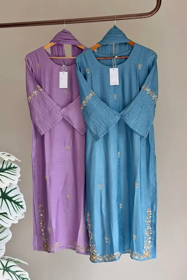 ✨”Aleena – Premium Dola Silk Daman work Kurta Set