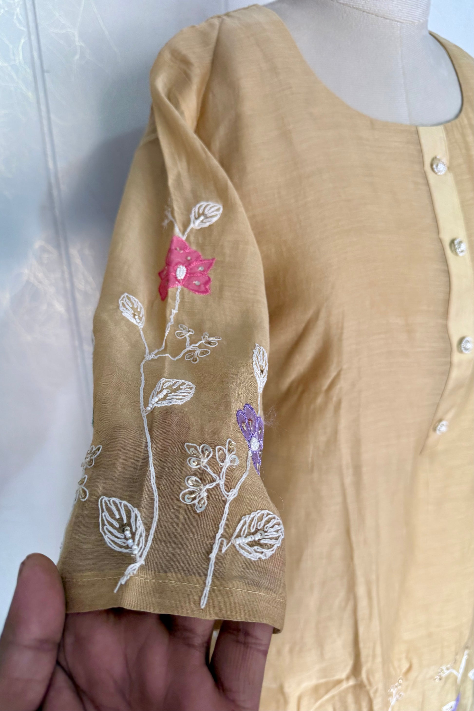 “Thread” Premium Golden Beige Mul Chanderi A Line kurta set