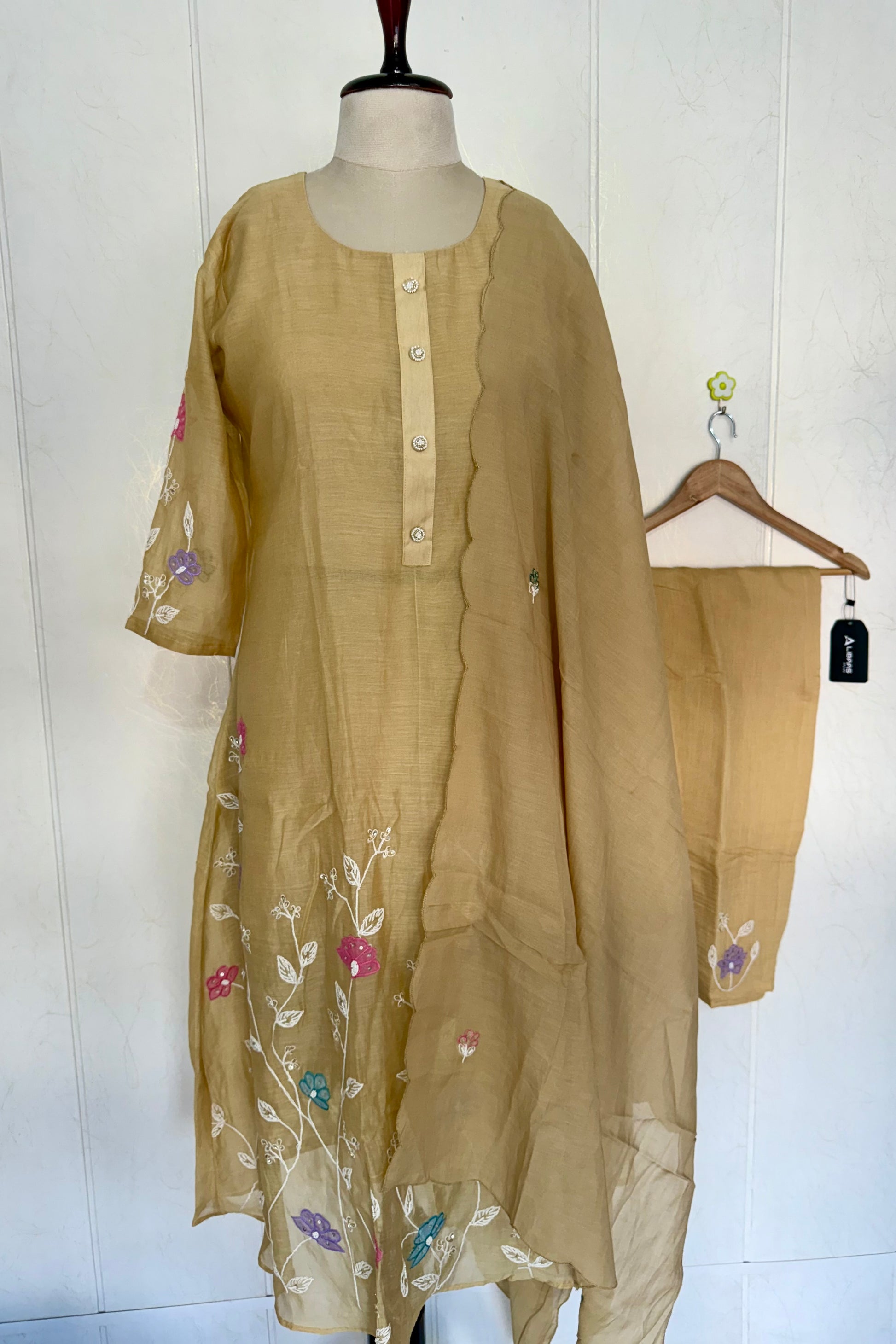 “Thread” Premium Golden Beige Mul Chanderi A Line kurta set