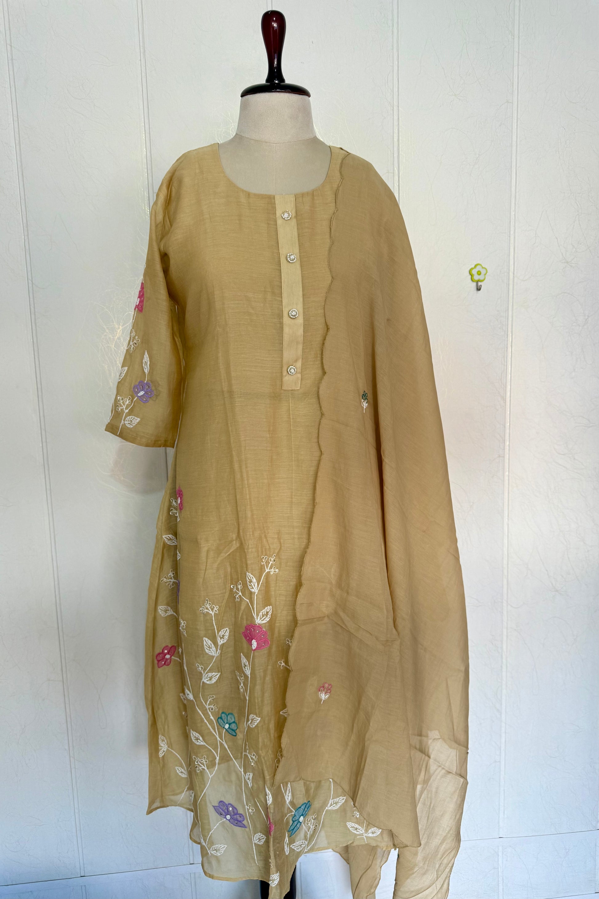 “Thread” Premium Golden Beige Mul Chanderi A Line kurta set