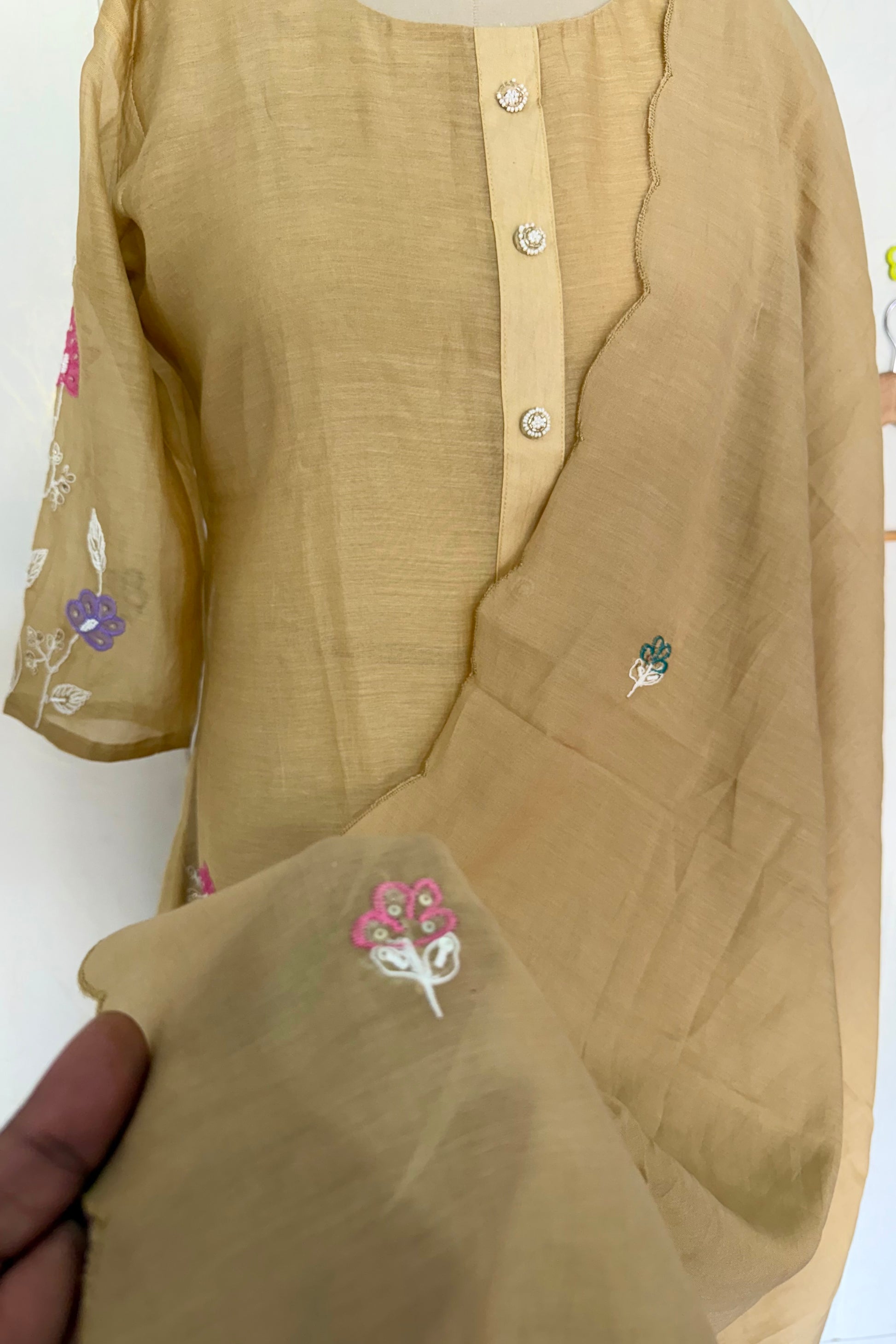 “Thread” Premium Golden Beige Mul Chanderi A Line kurta set