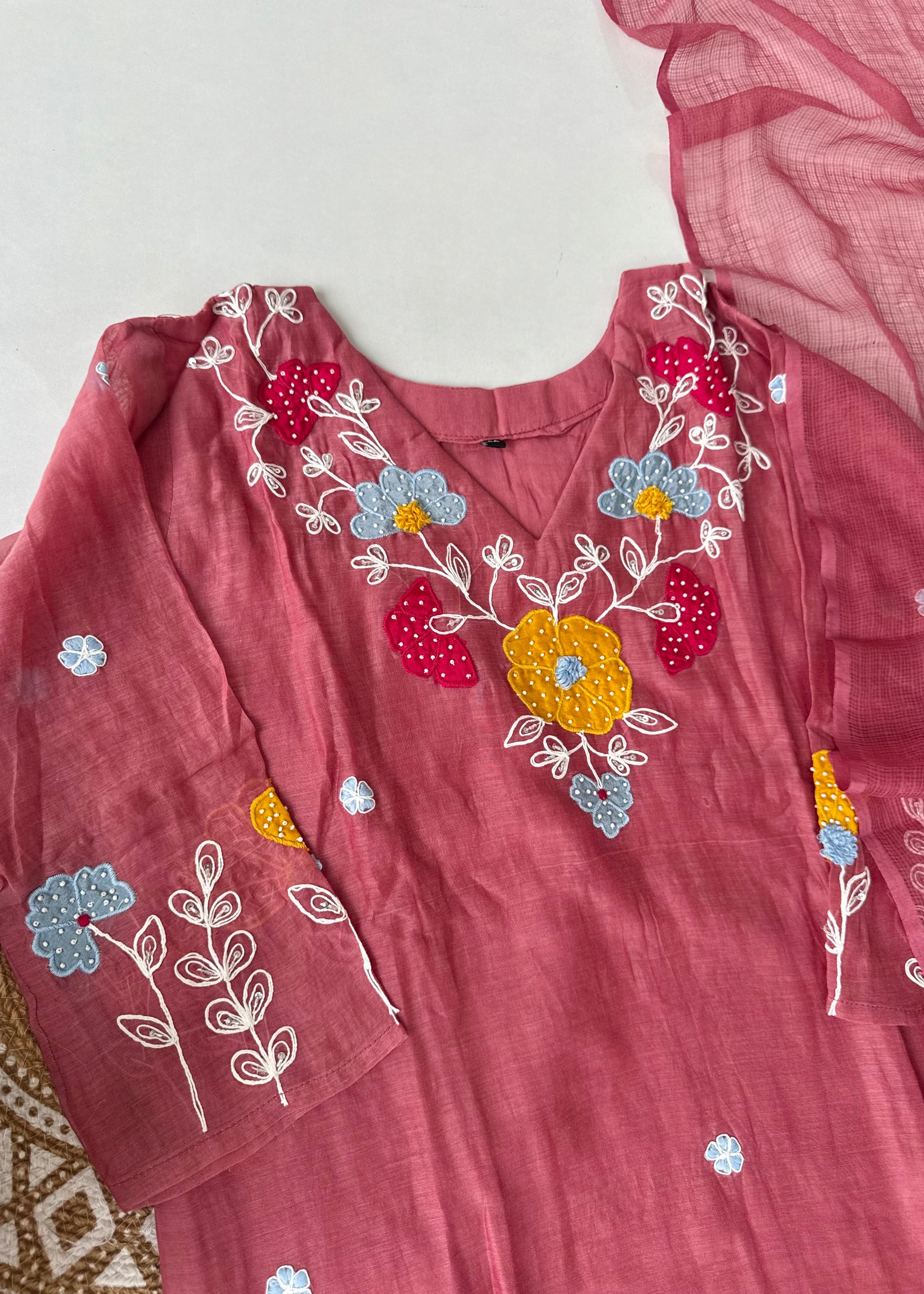 “Neesha” Mul Chanderi Applique work A Line kurta Set