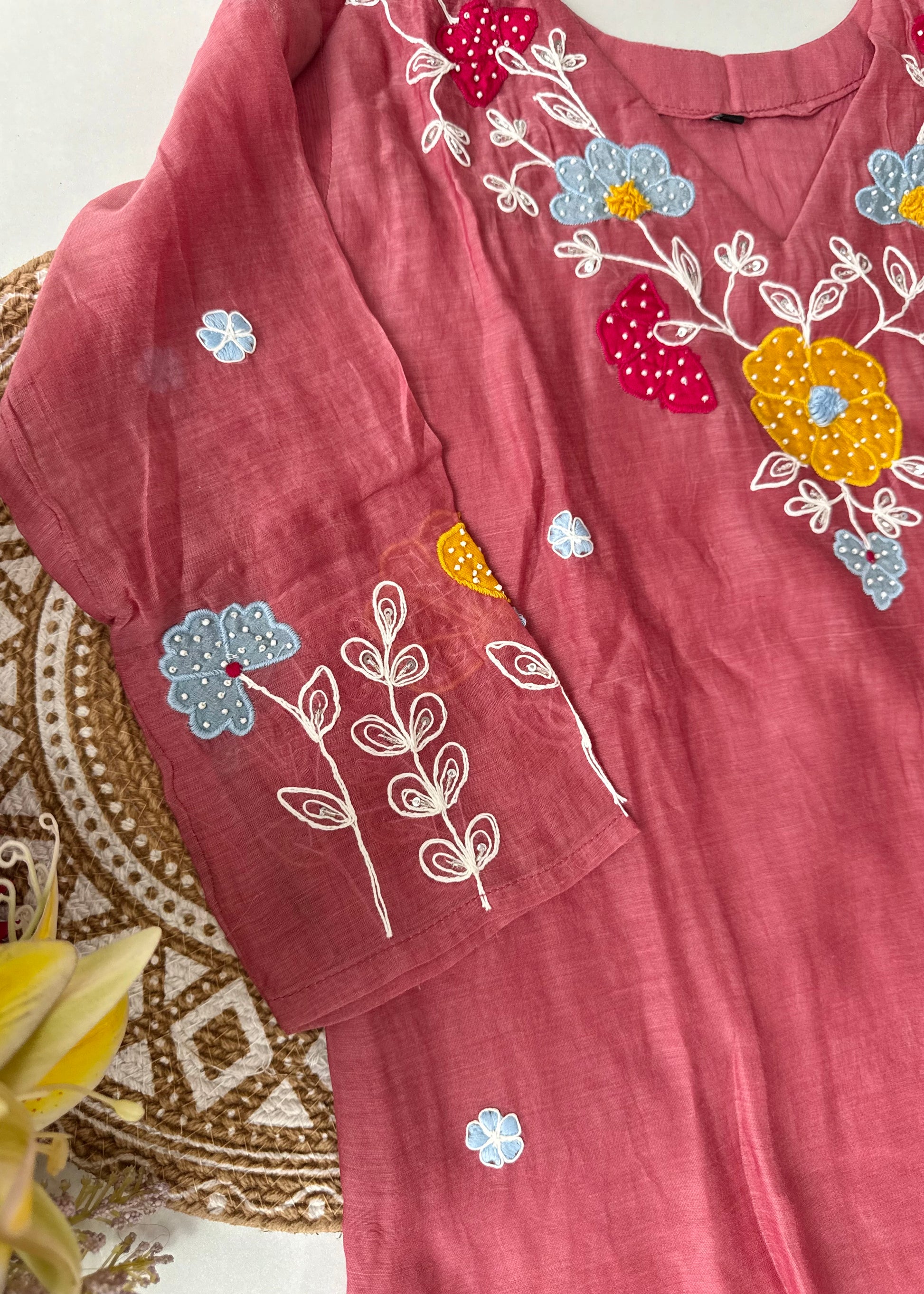 “Neesha” Mul Chanderi Applique work A Line kurta Set