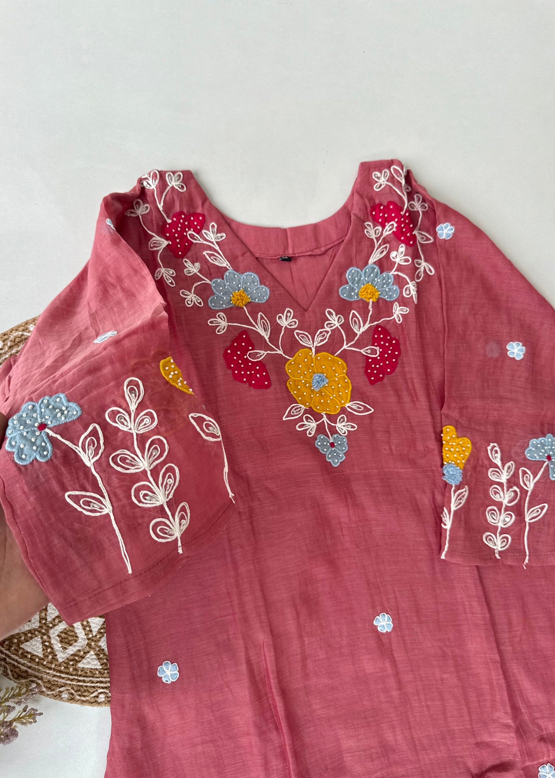 “Neesha” Mul Chanderi Applique work A Line kurta Set