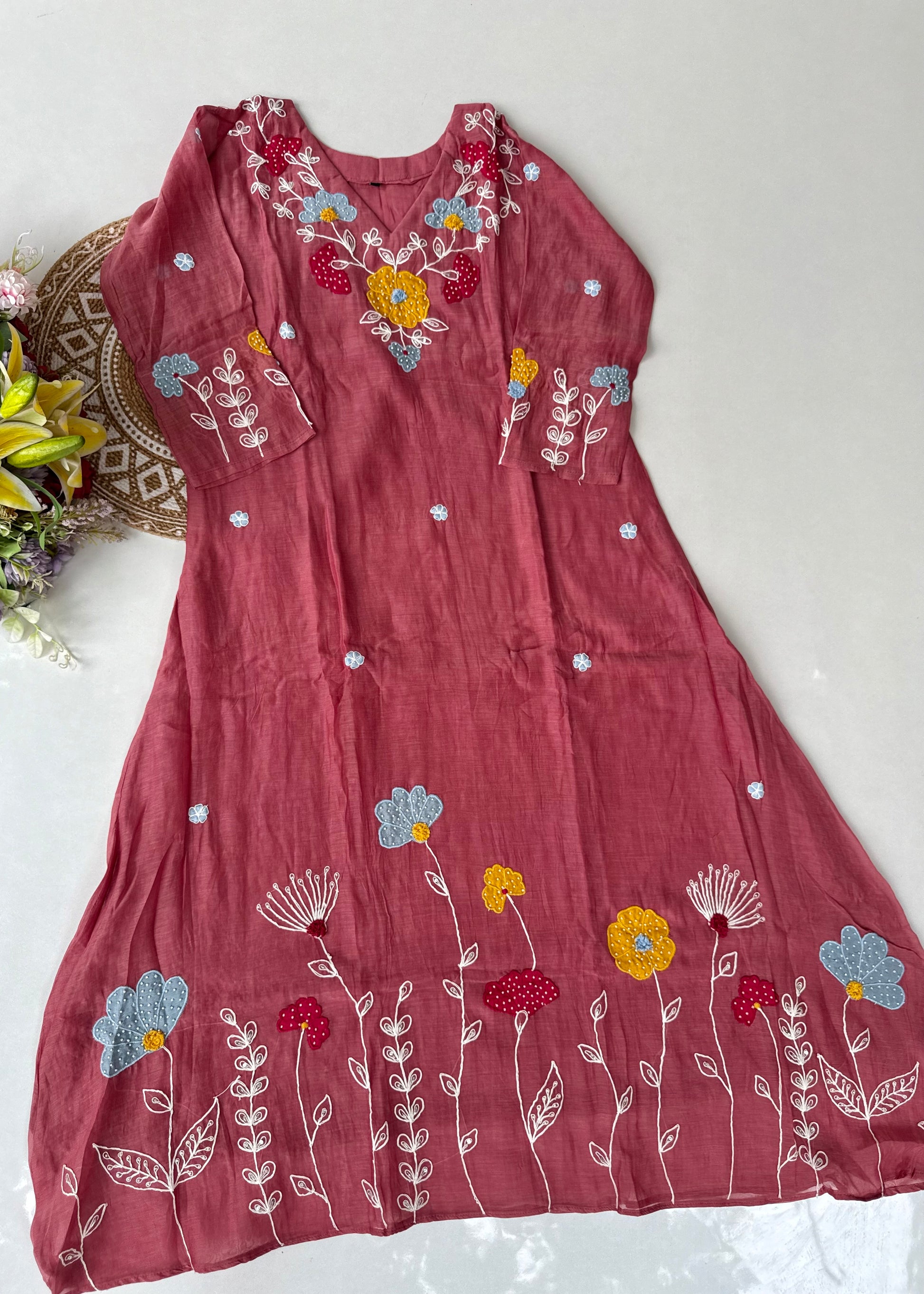 “Neesha” Mul Chanderi Applique work A Line kurta Set