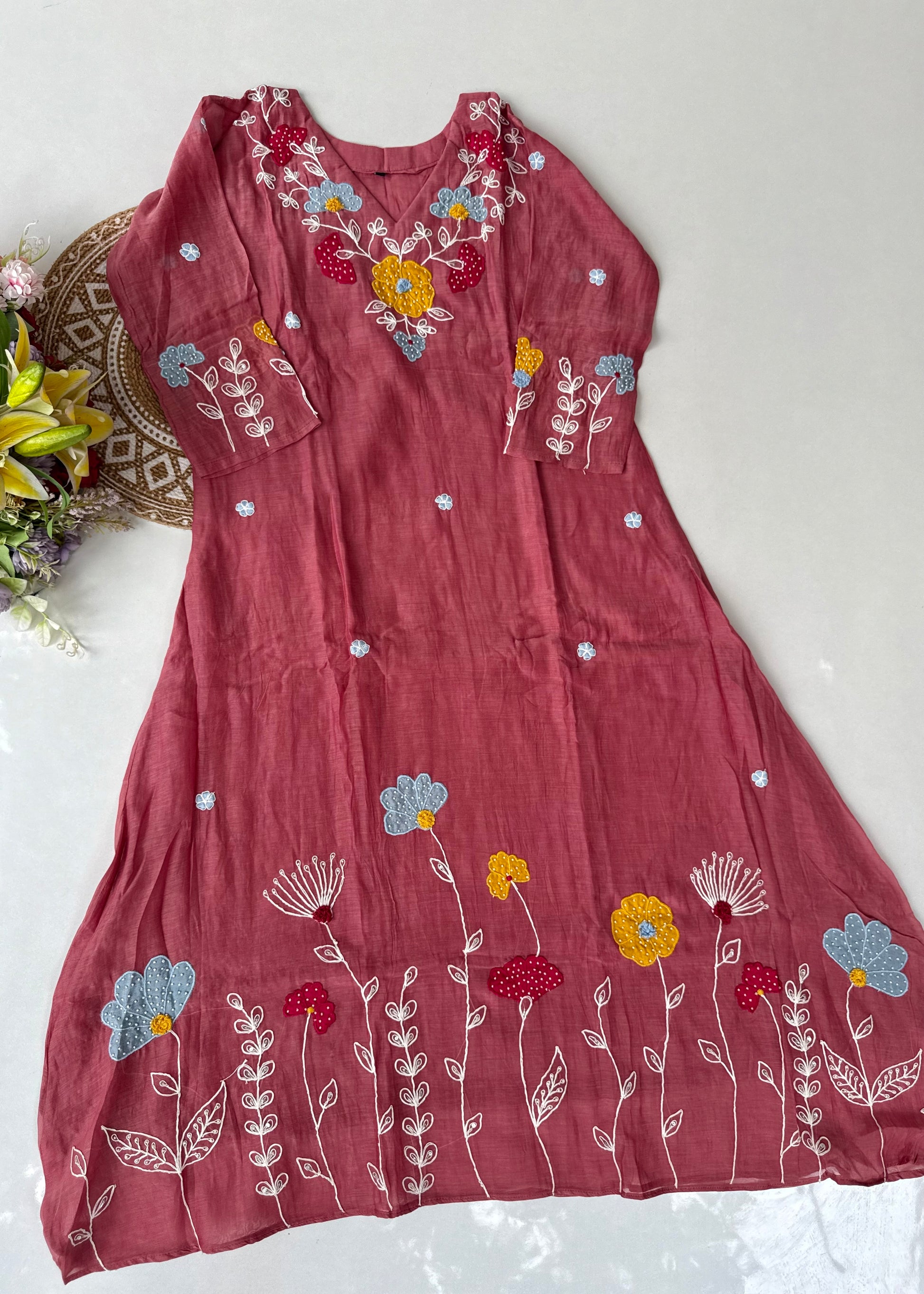 “Neesha” Mul Chanderi Applique work A Line kurta Set