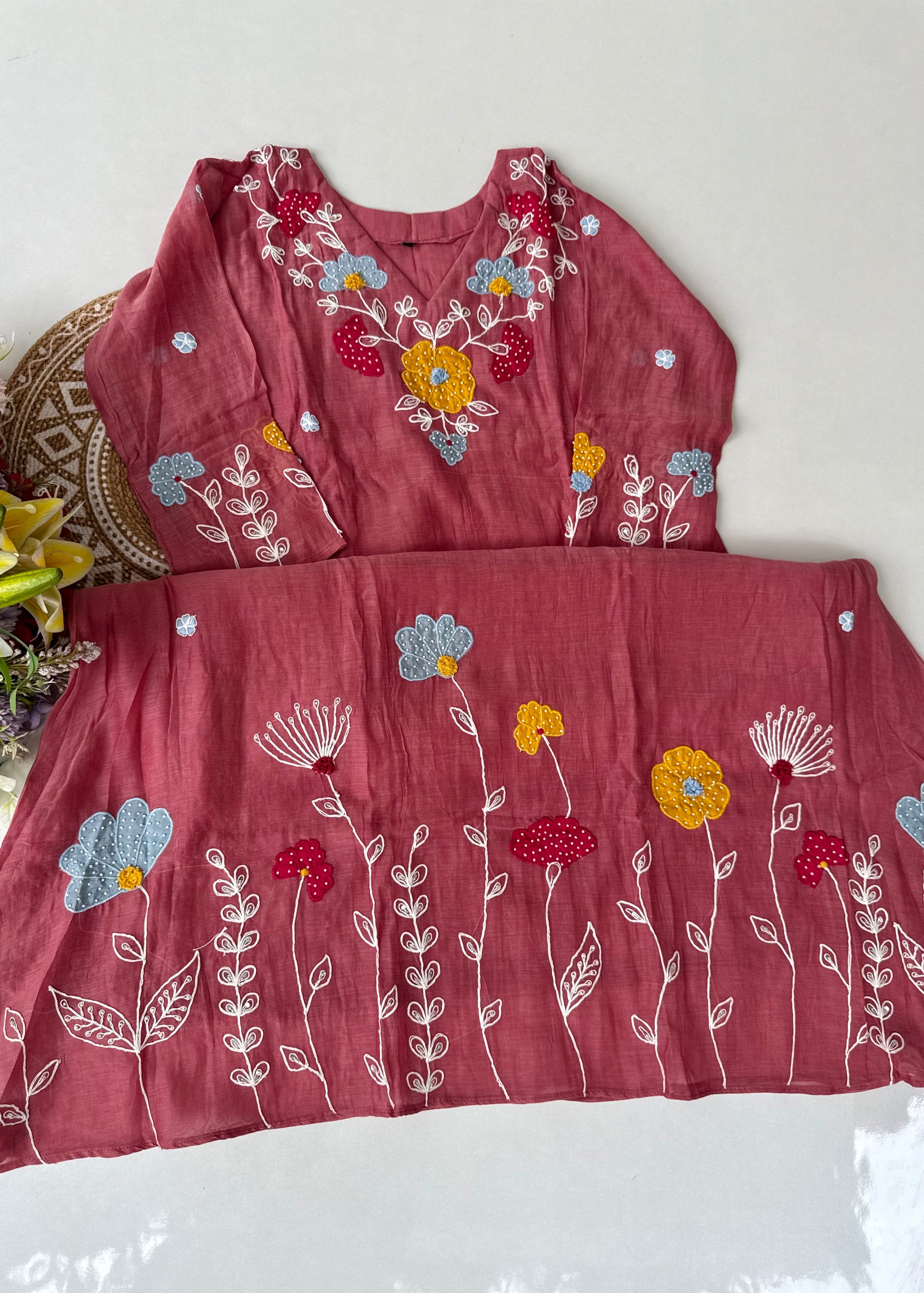 “Neesha” Mul Chanderi Applique work A Line kurta Set