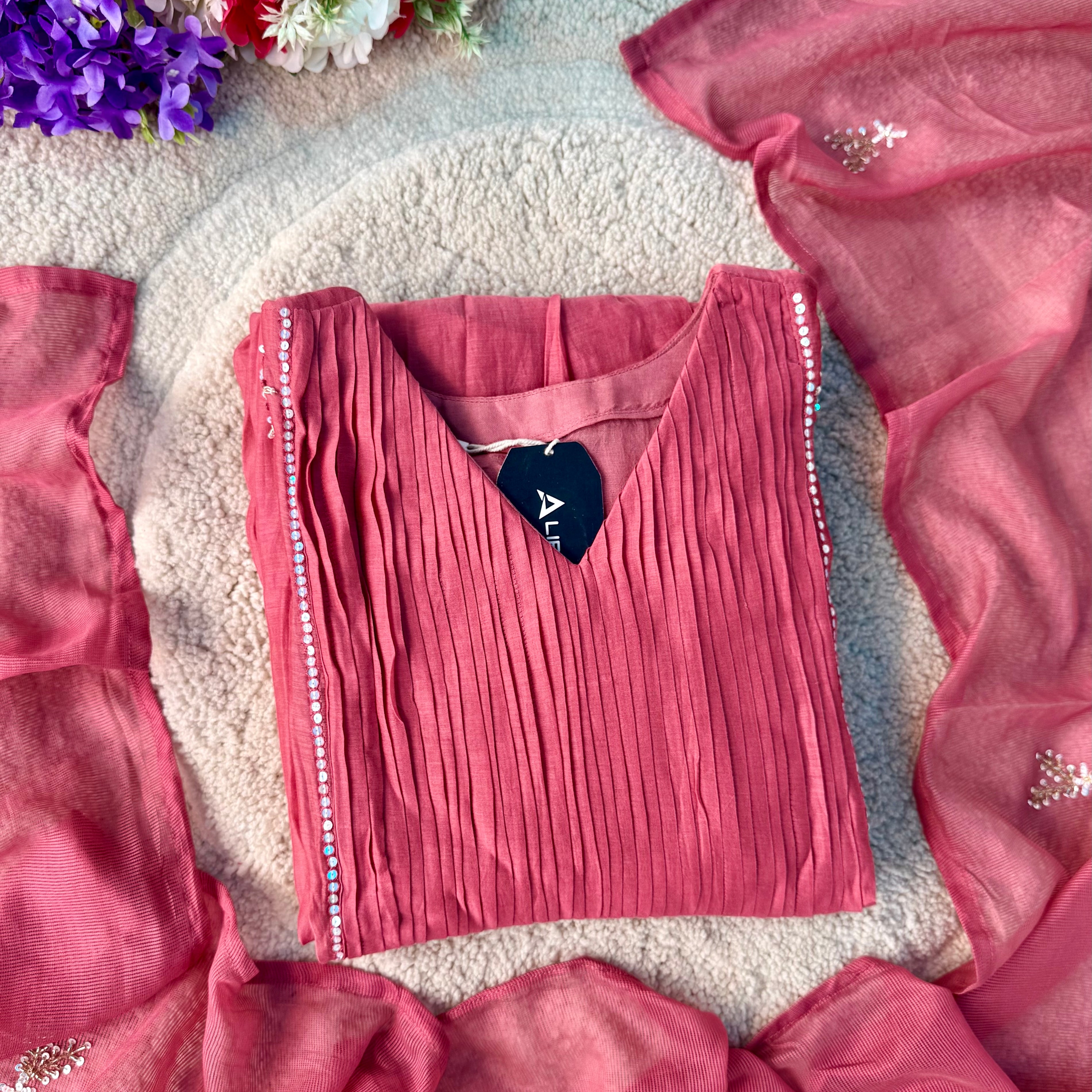 🛍️”Daisy –  Premium Red Mul Chanderi A Line Kurta Set