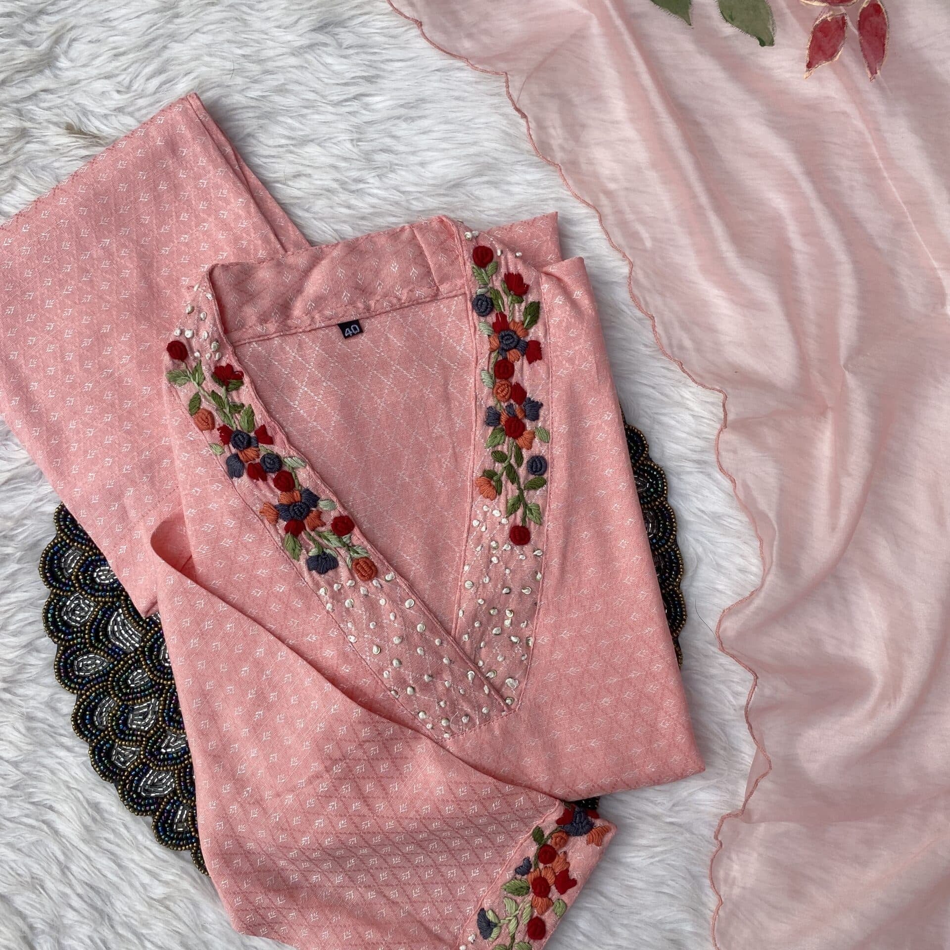 ‘’GULSHAN” Pink cotton handwork kurti dupatta bottom set