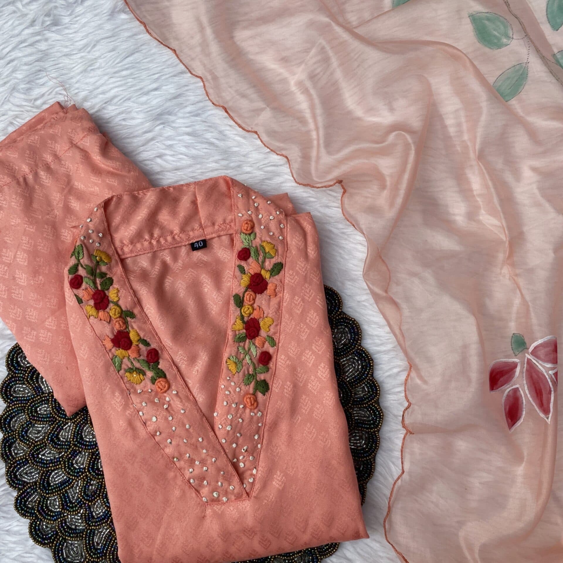 ‘’GULSHAN” Orange cotton handwork kurti dupatta bottom set