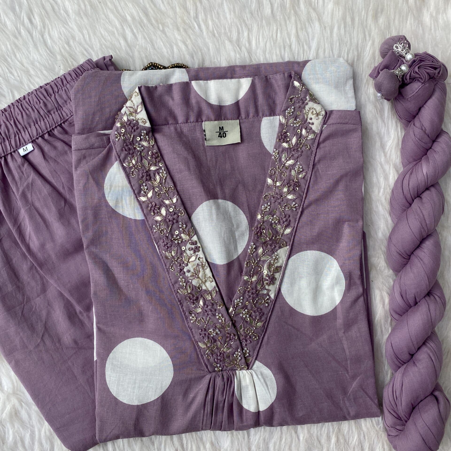 “Yarana” V neck cotton Polka Dots kurti dupatta bottom set