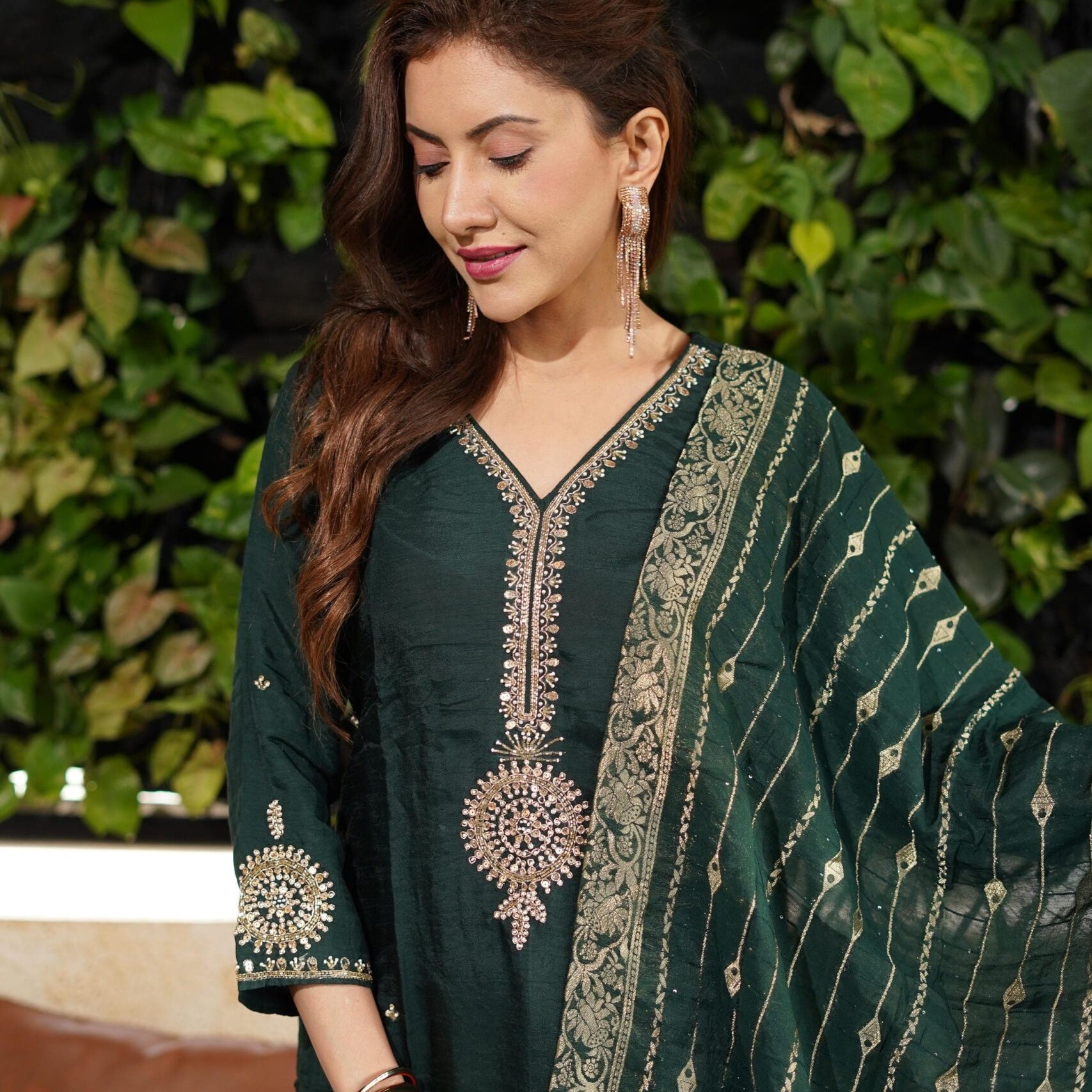 “Nitu” Bottle green Party wear Premium range dola silk set