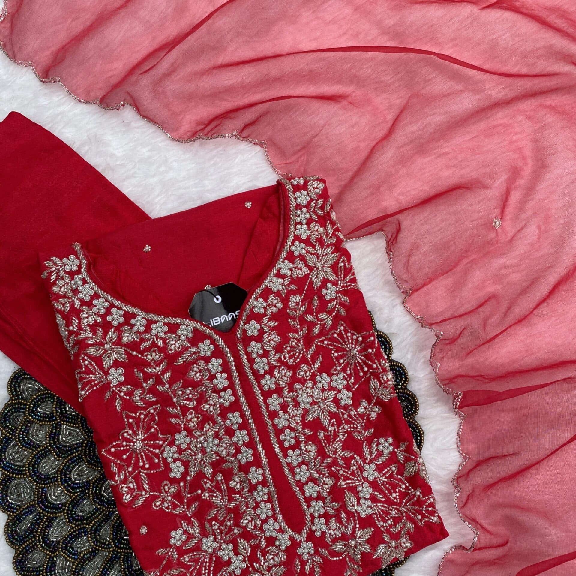 “Adab” Heavy Cutdana and pearl work dola silk set