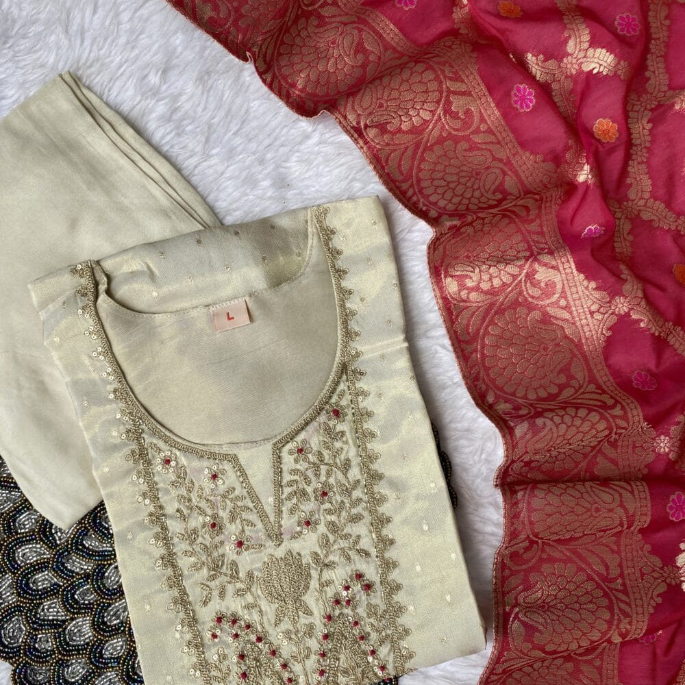 “Nazma” Tissue silk straight kurti with straight pants and dupatta 🌙