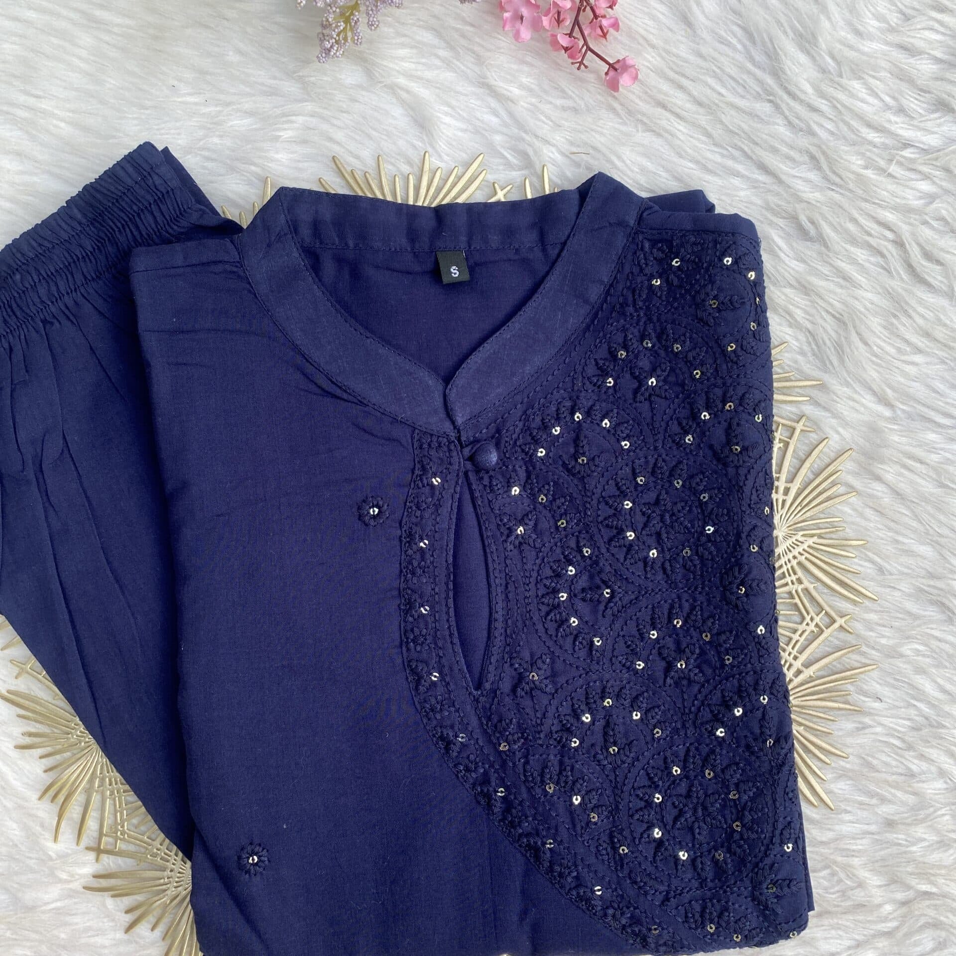 ‘’sana” Royal blue cotton embroidered kurti pant set
