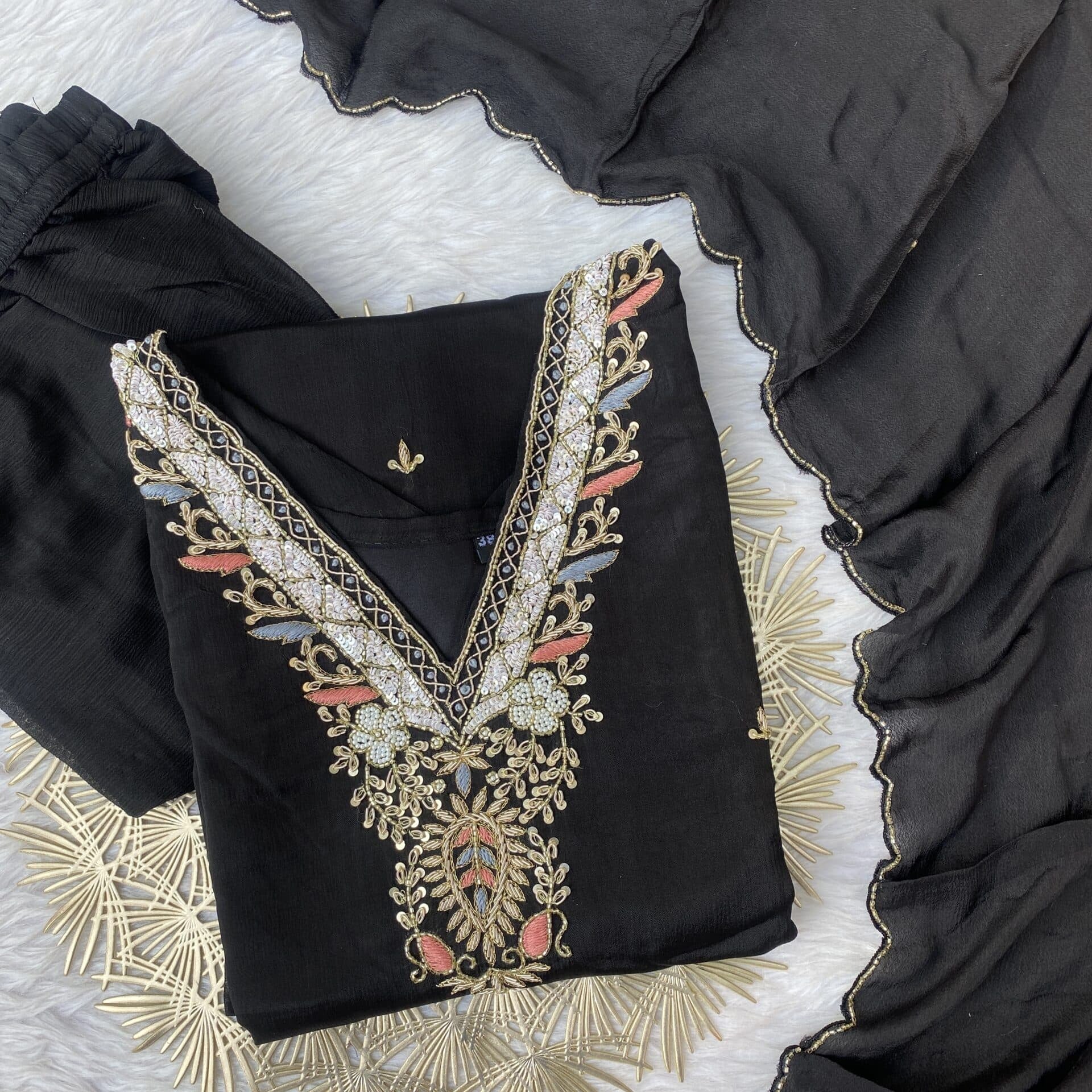 “Reena” Black v neck chinnon kurti bottom dupatta set