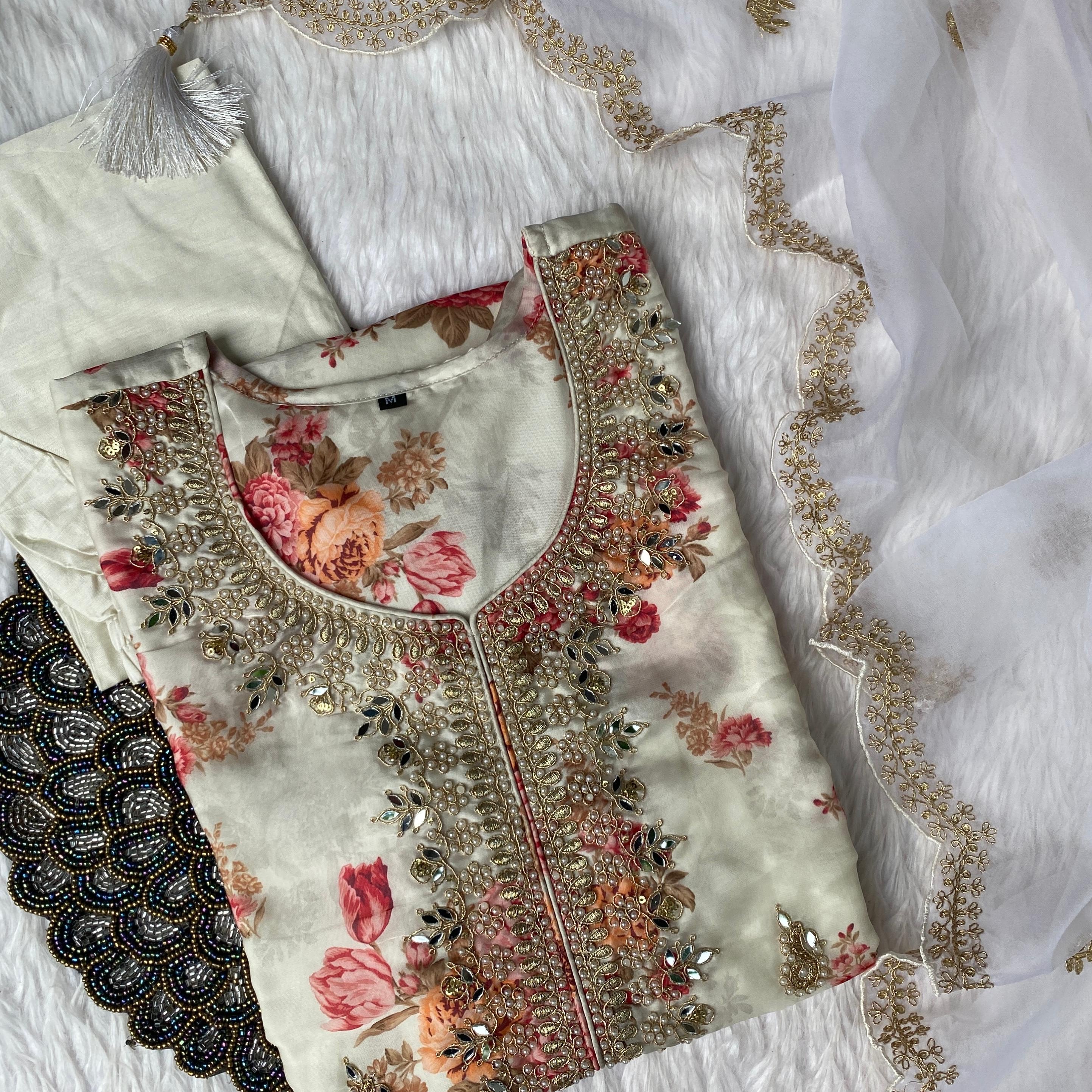 "Aditi" Off white organza printed & handwork stright kurta set