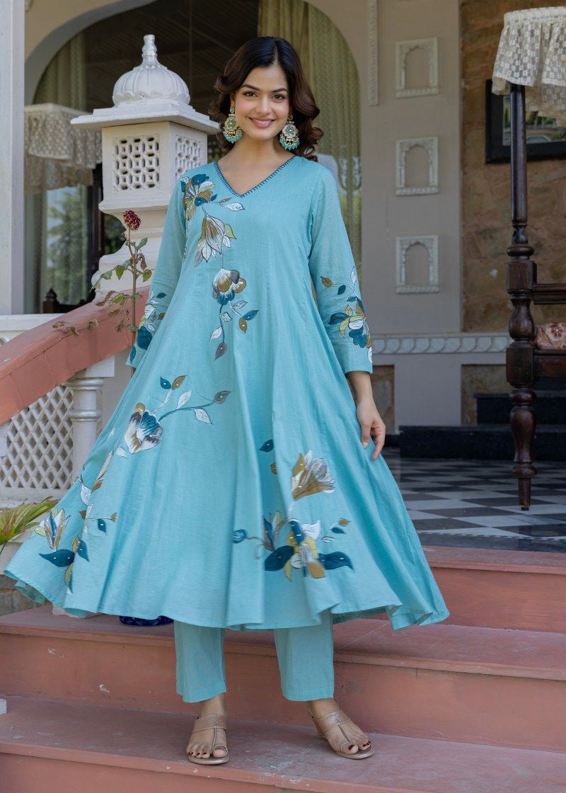 “Zoey” Premium Mulmul Hand brush print Anarkali suit