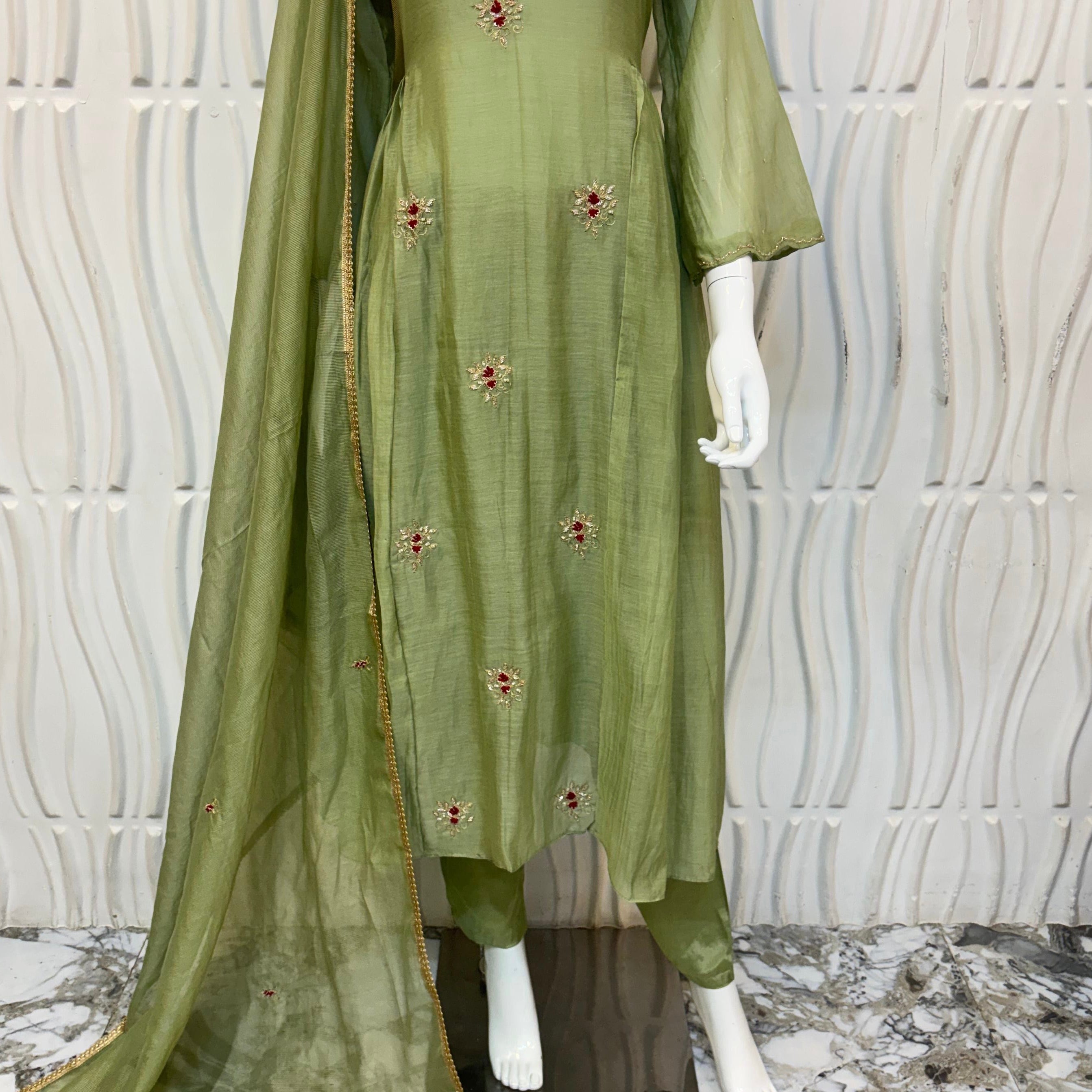 ✨Aabira – Premium Pista Green Mul Chanderi Anarkali kurti set