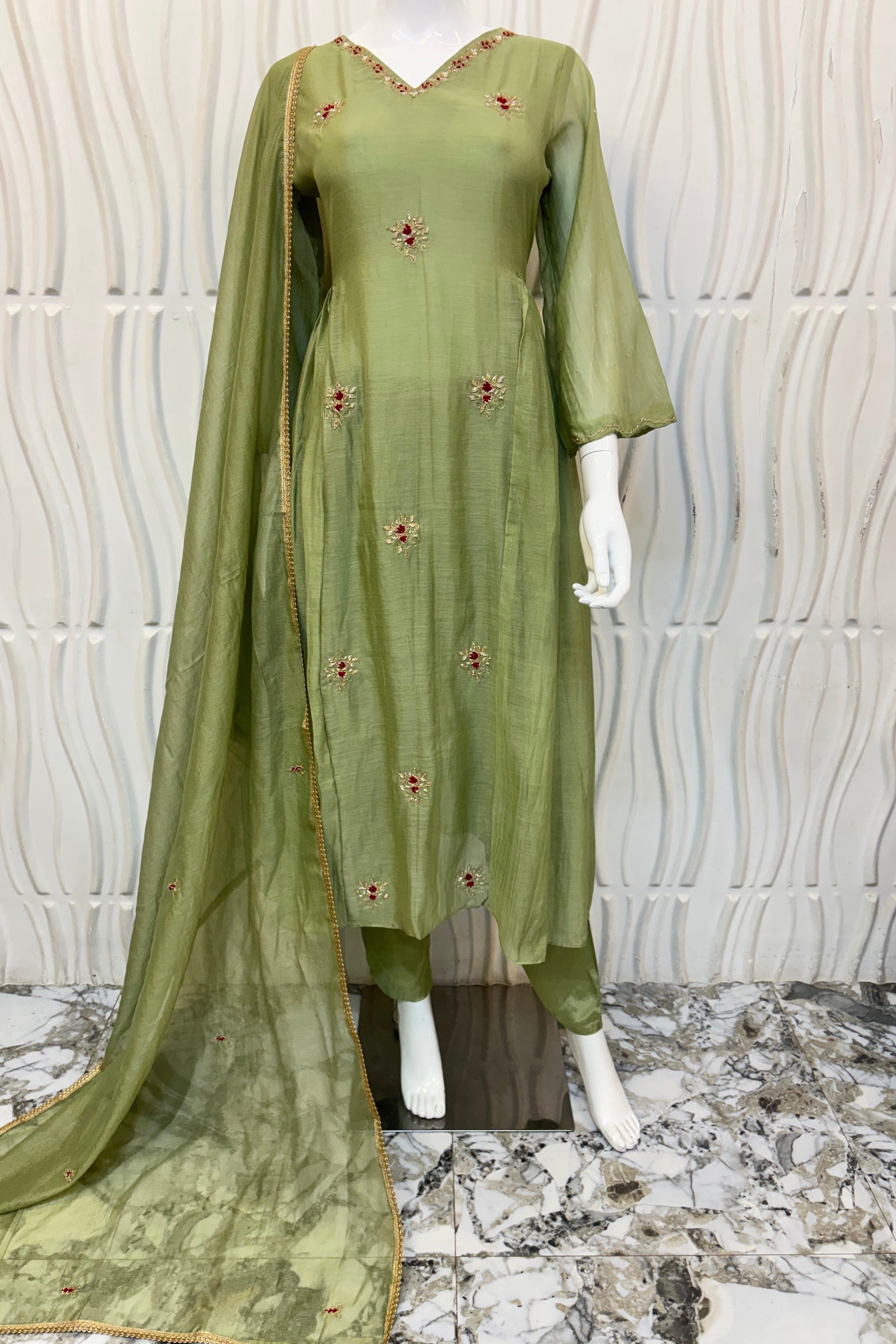 ✨Aabira – Premium Pista Green Mul Chanderi Anarkali kurti set