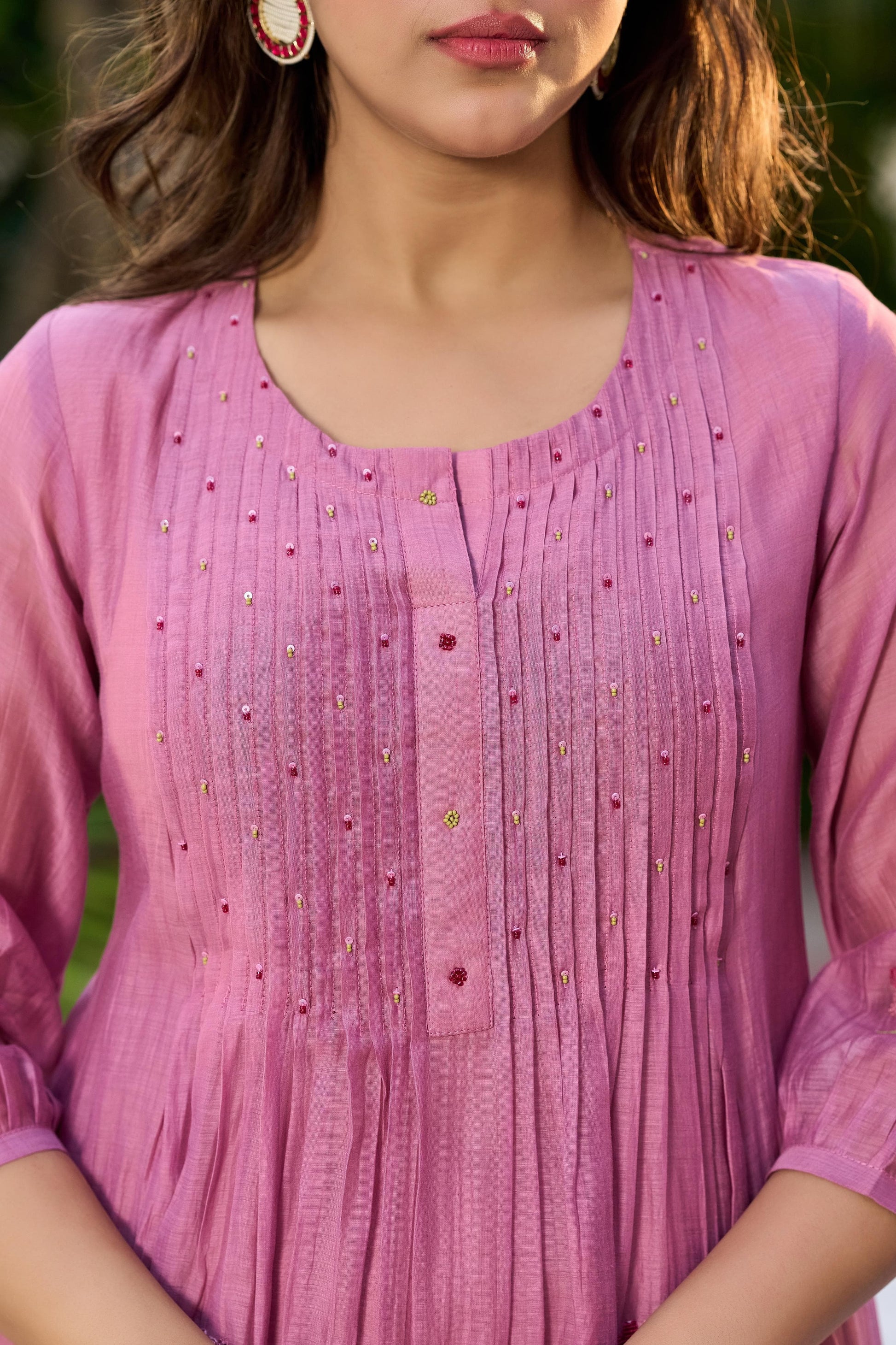 ✨Gulnaar- Rose Pink Mul Chanderi Embroidered Anarkali Kurta Set