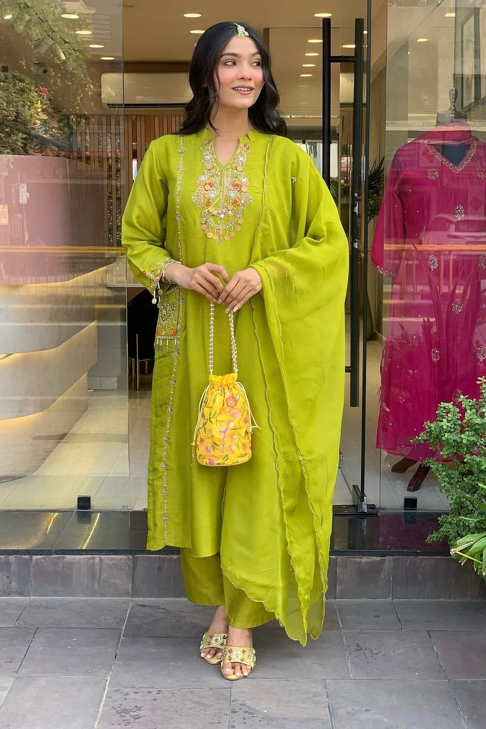 “Lime” Greenish Green Dola Silk Heavy Handwork Suit Set