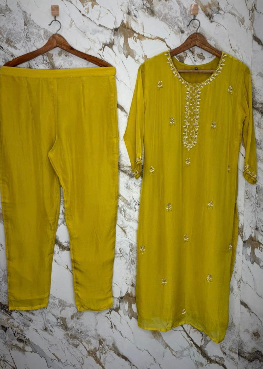 ✨ “Ariana – Mustard Yellow Premium Chinnon handwork kurta set