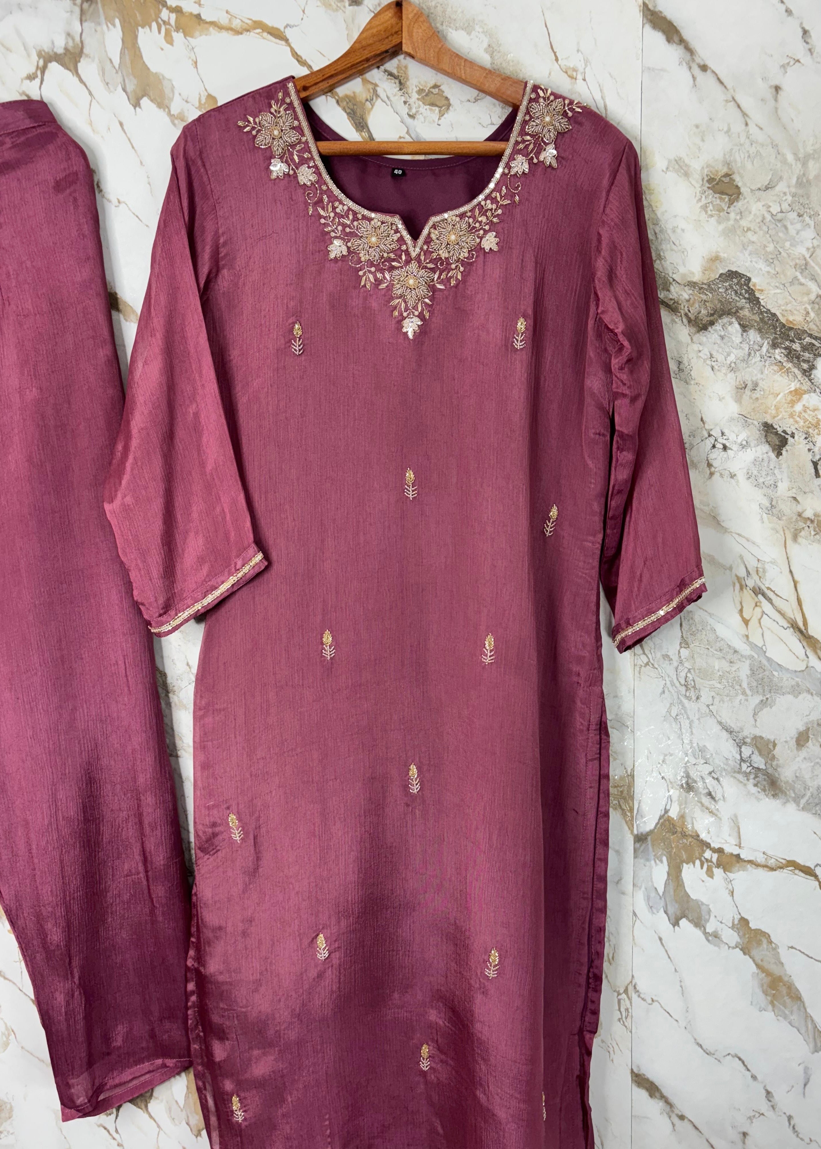 ✨ “Aaliya – Premium Mauve Plum Chinnon handwork straight kurta set