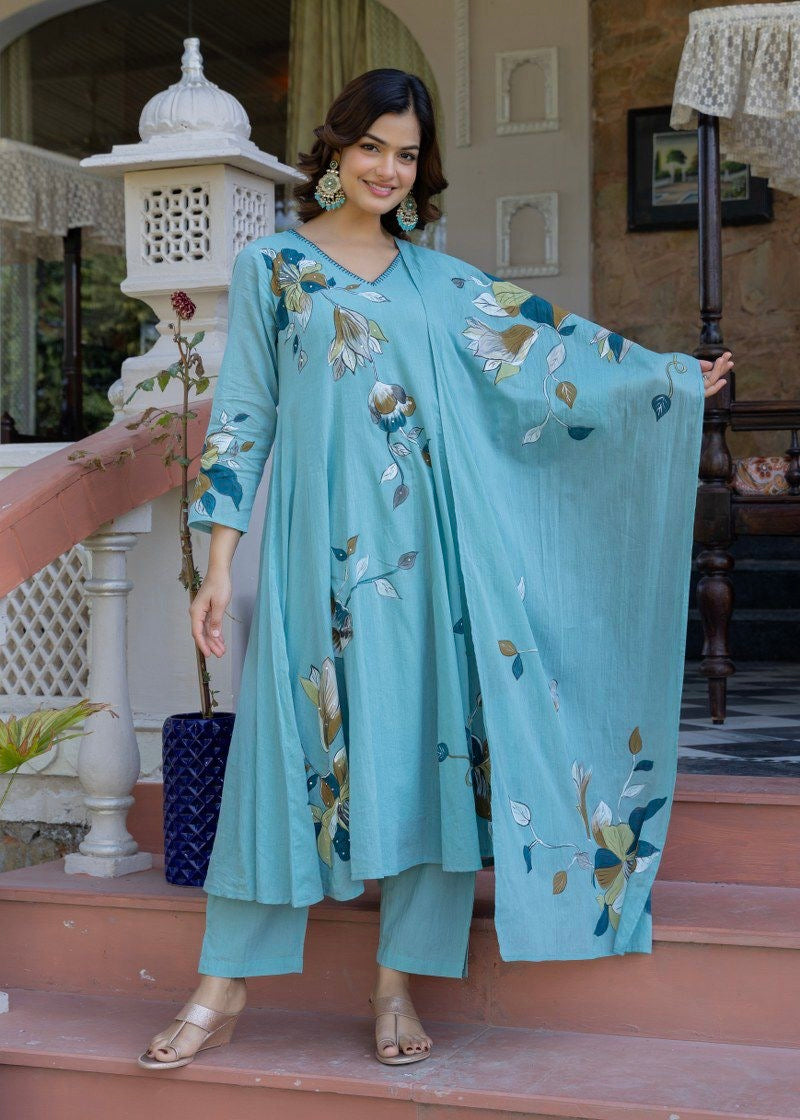 “Zoey” Premium Mulmul Hand brush print Anarkali suit