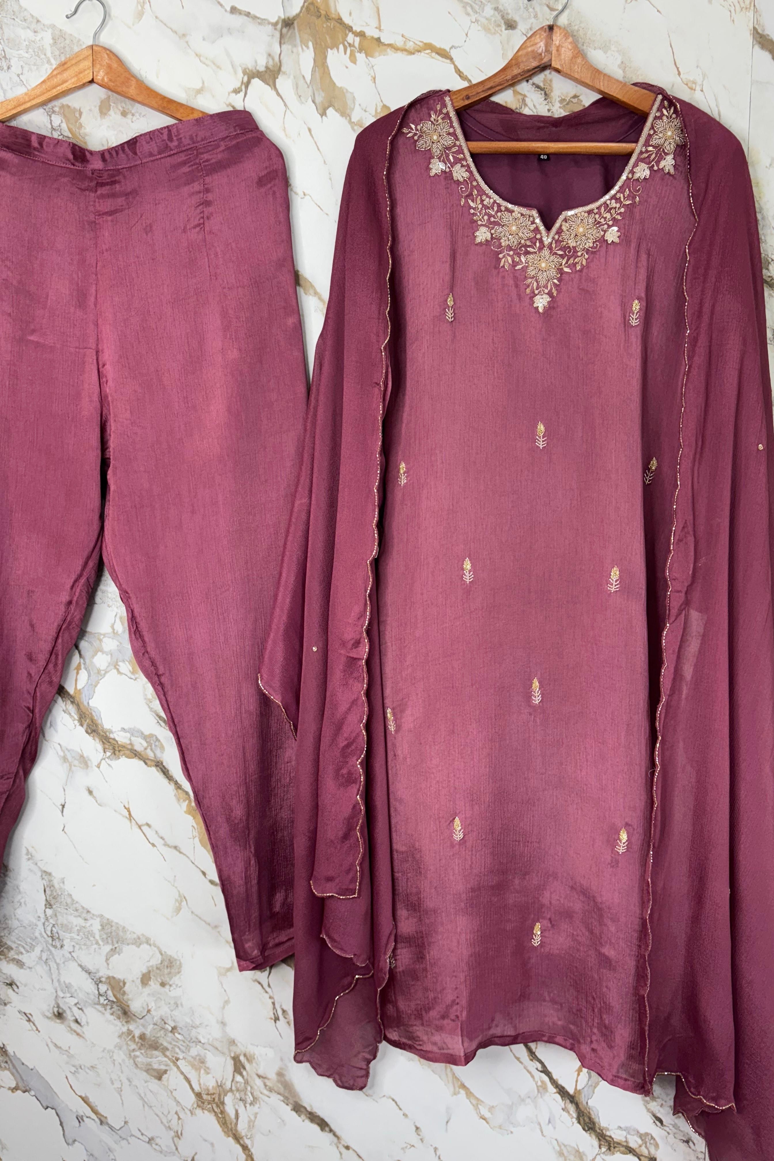 ✨ “Aaliya – Premium Mauve Plum Chinnon handwork straight kurta set