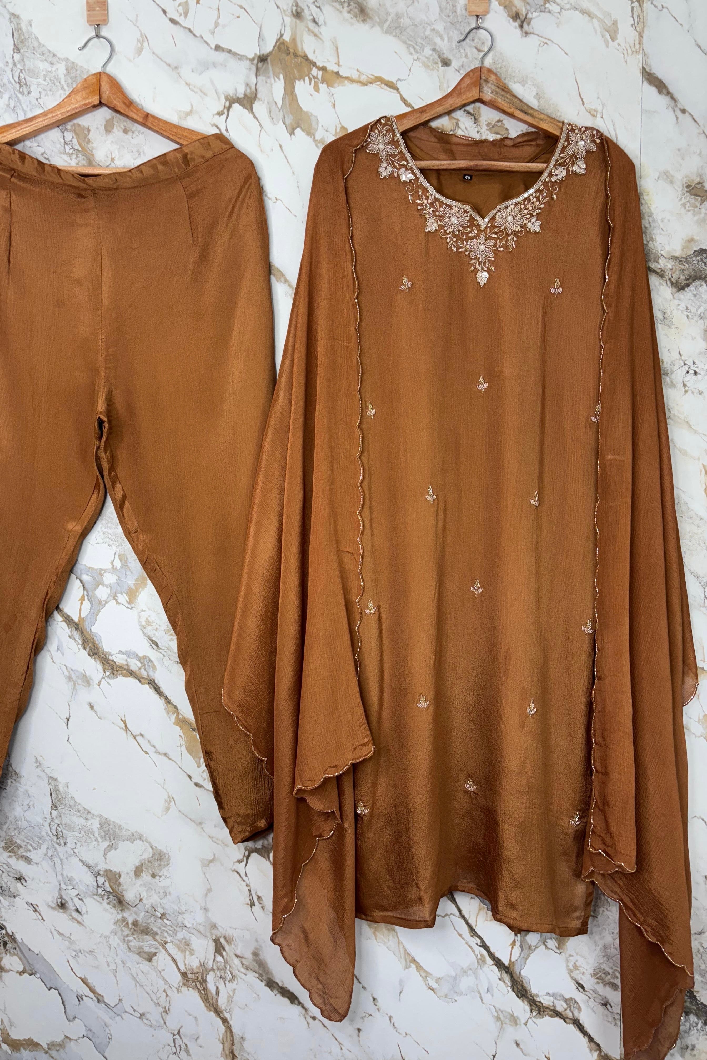 ✨ “Aaliya – Premium Caramel Brown Chinnon handwork straight kurta set