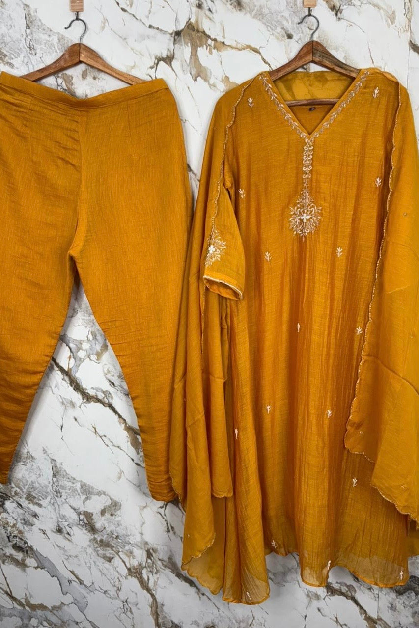 “HAYA” Premium Yellow Mul Chanderi A-Line Kurta with Bottom & Dupatta