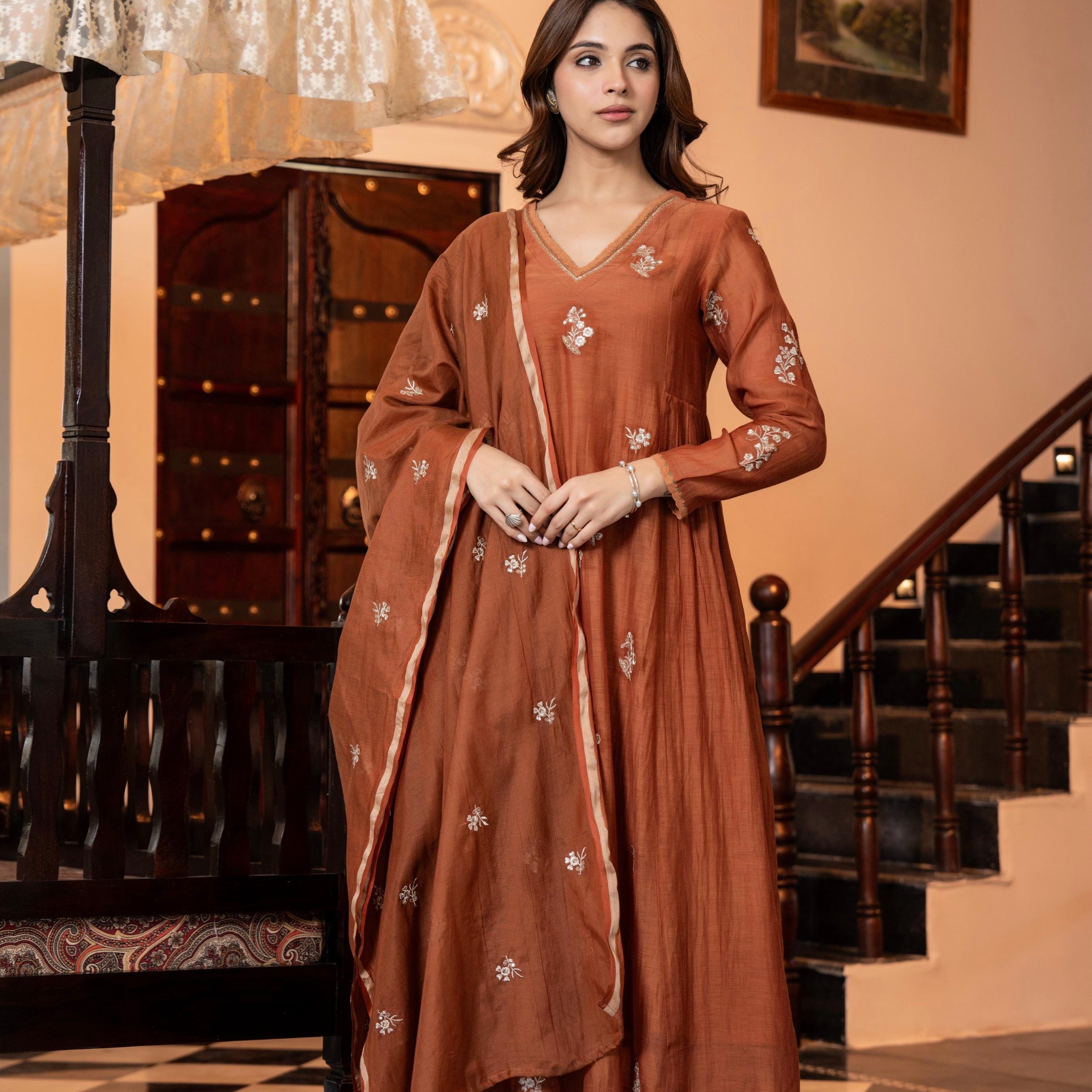 “CHHAVI” Caramel Crush Mul chanderi anarkali suit set