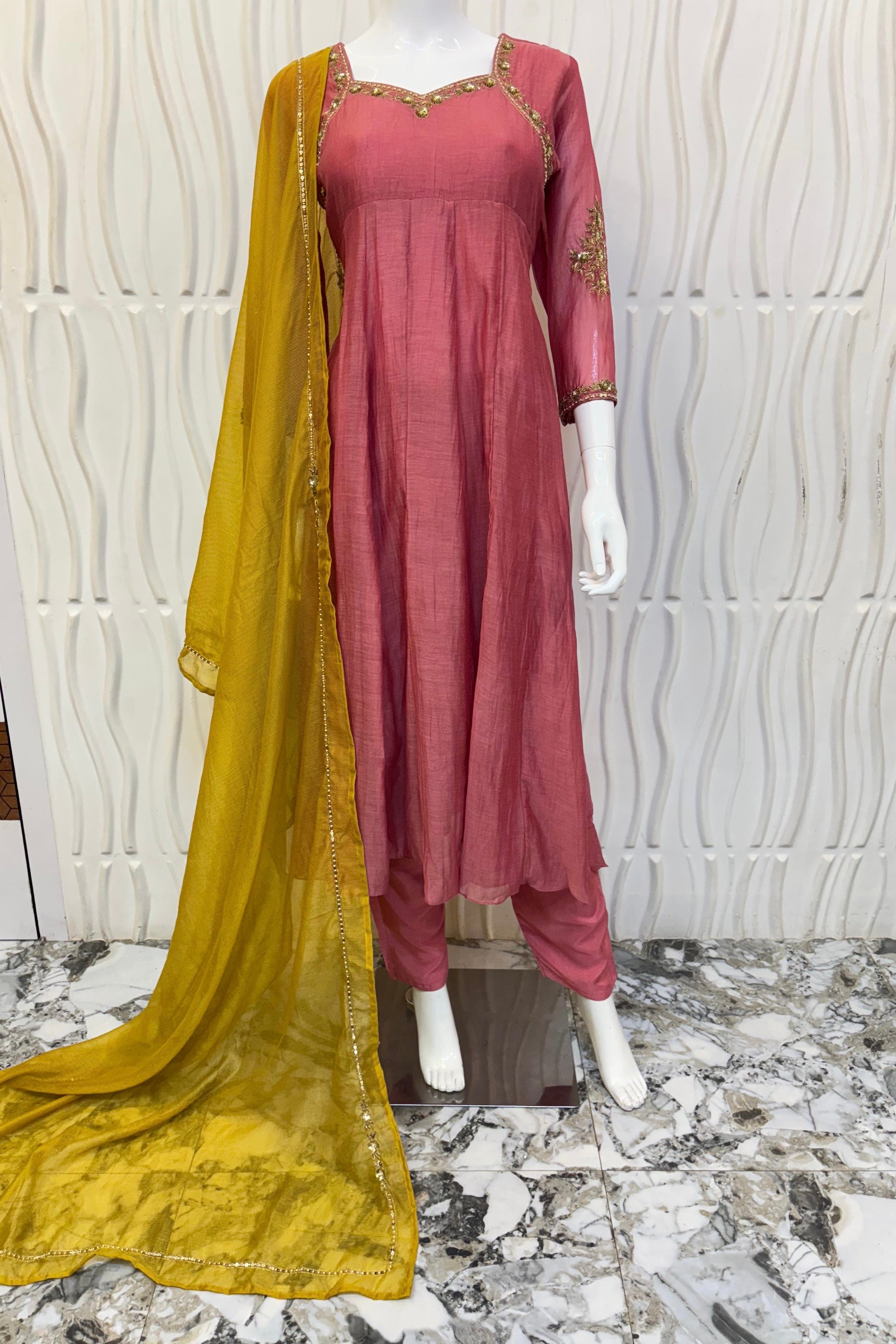 “Gulabo” Premium Rose Pink Mul Chanderi A-Line Suit 💕