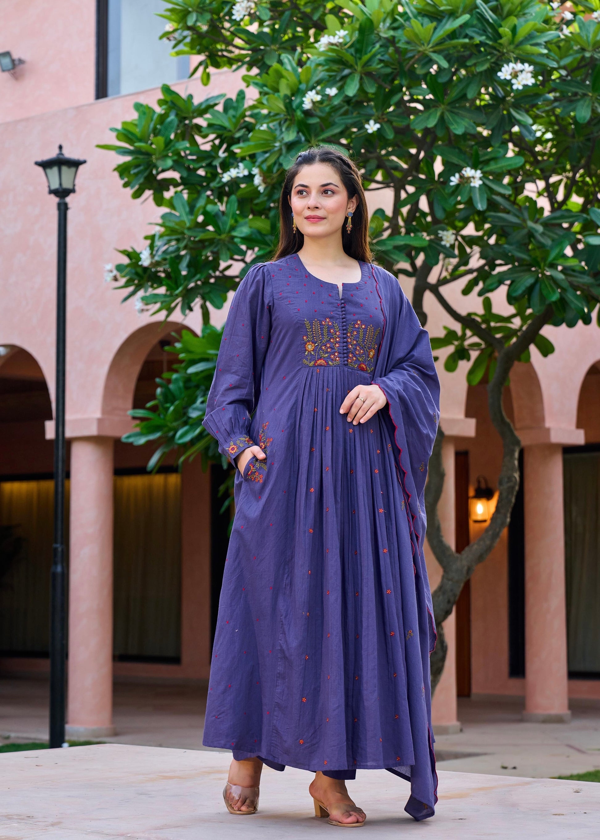“Hera” Muted Purple Mulmul Anarkali suit set