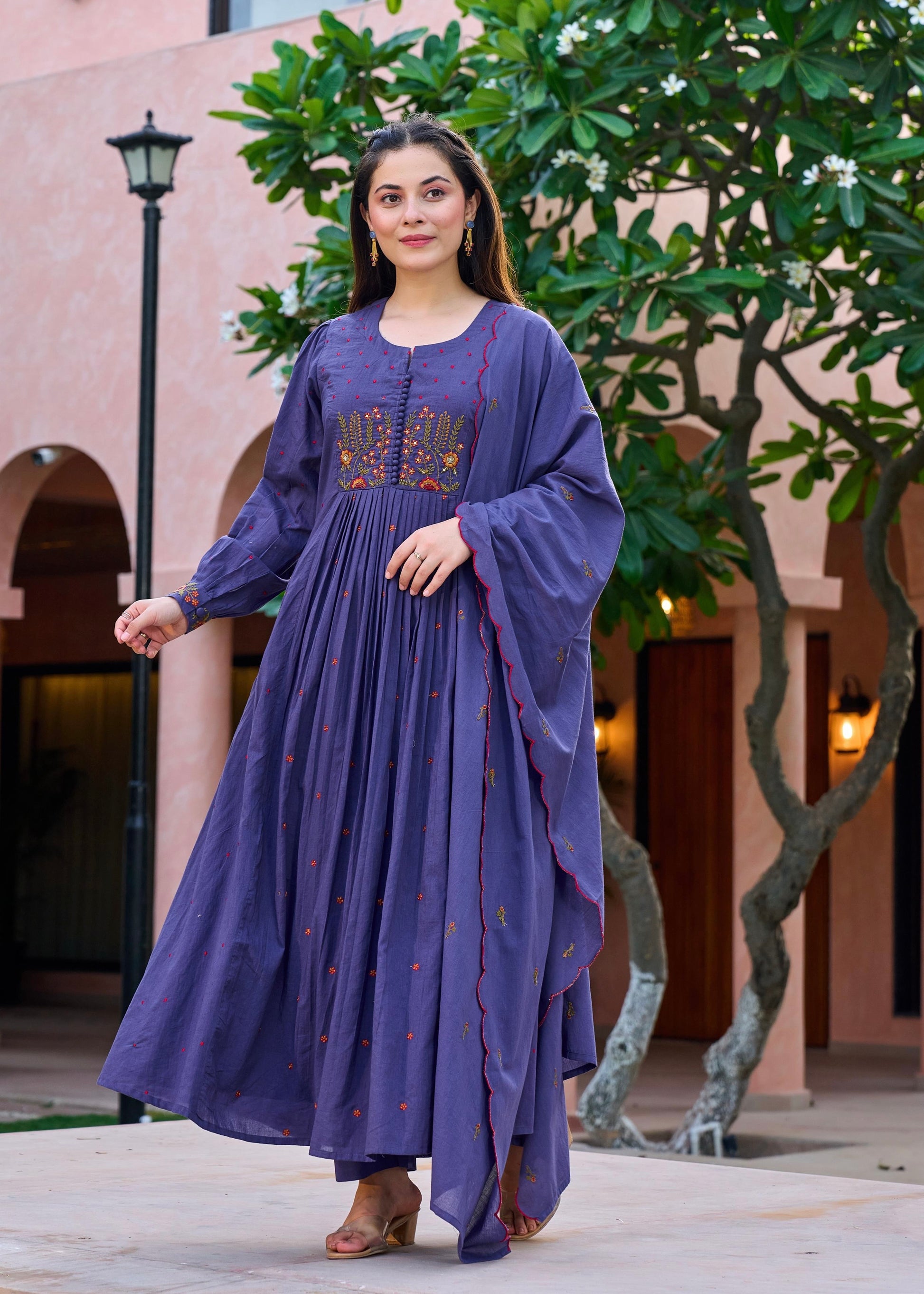 “Hera” Muted Purple Mulmul Anarkali suit set