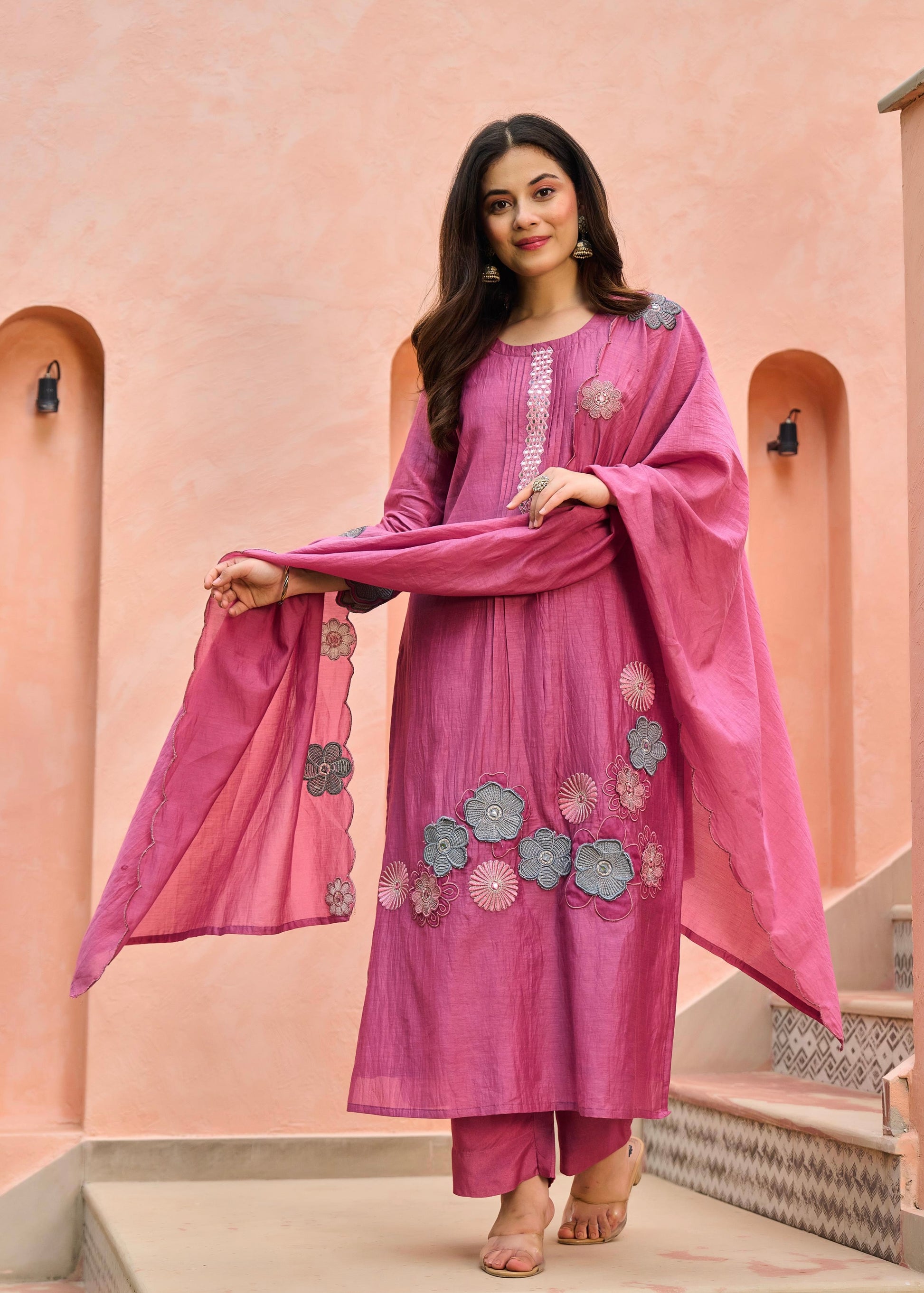 “Anya” Bloomberry Blush Mul Chanderi Suit Set