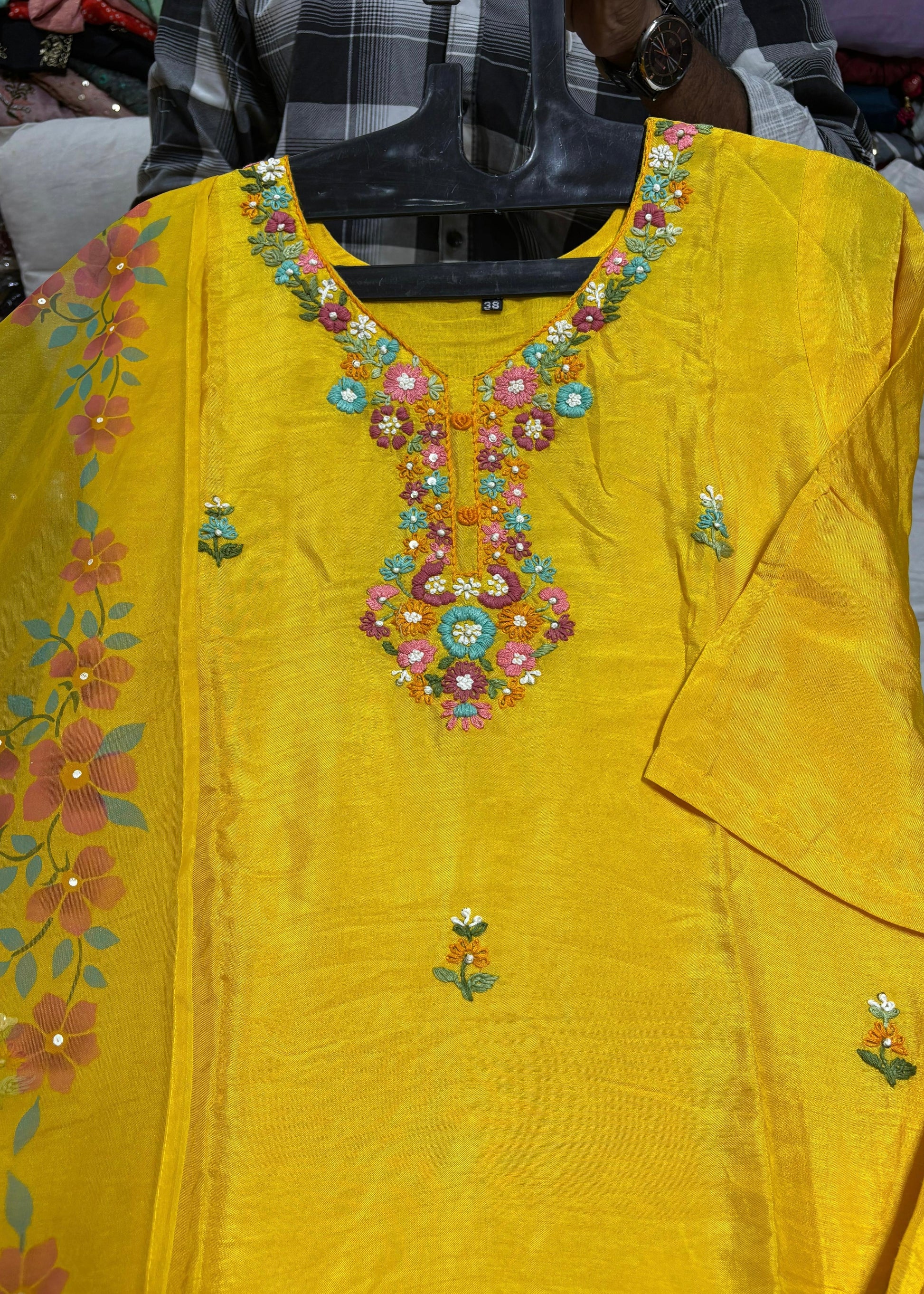 “Laya” Dola Silk Embroidered Suit Set with Printed Organza Dupatta