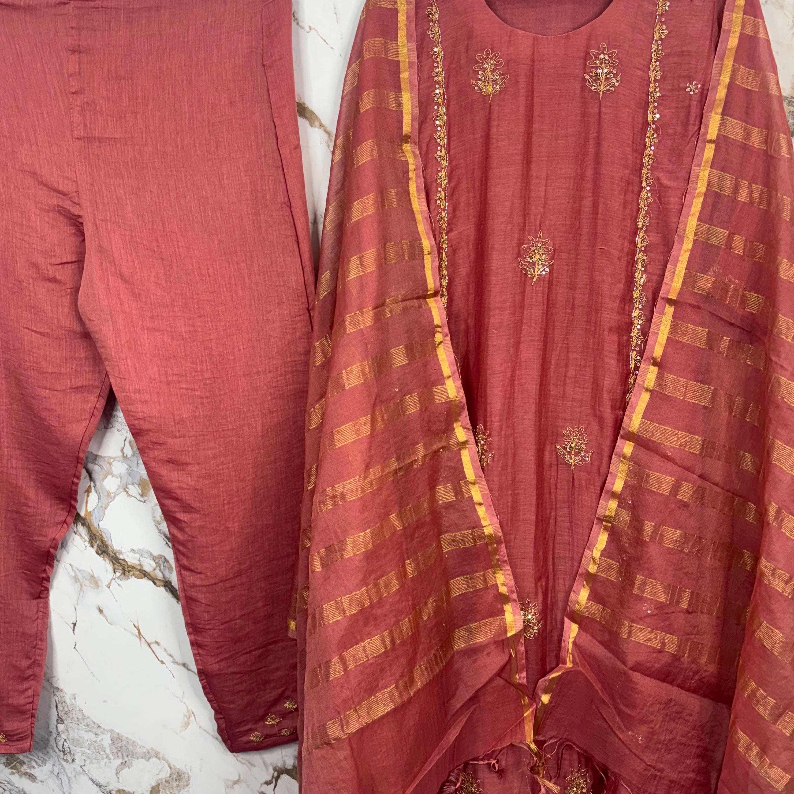 “Ujjwal” Trending Rose Mul Chanderi A Line Suit set 🛍️