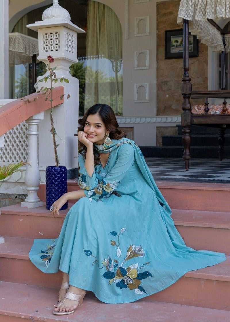 “Zoey” Premium Mulmul Hand brush print Anarkali suit
